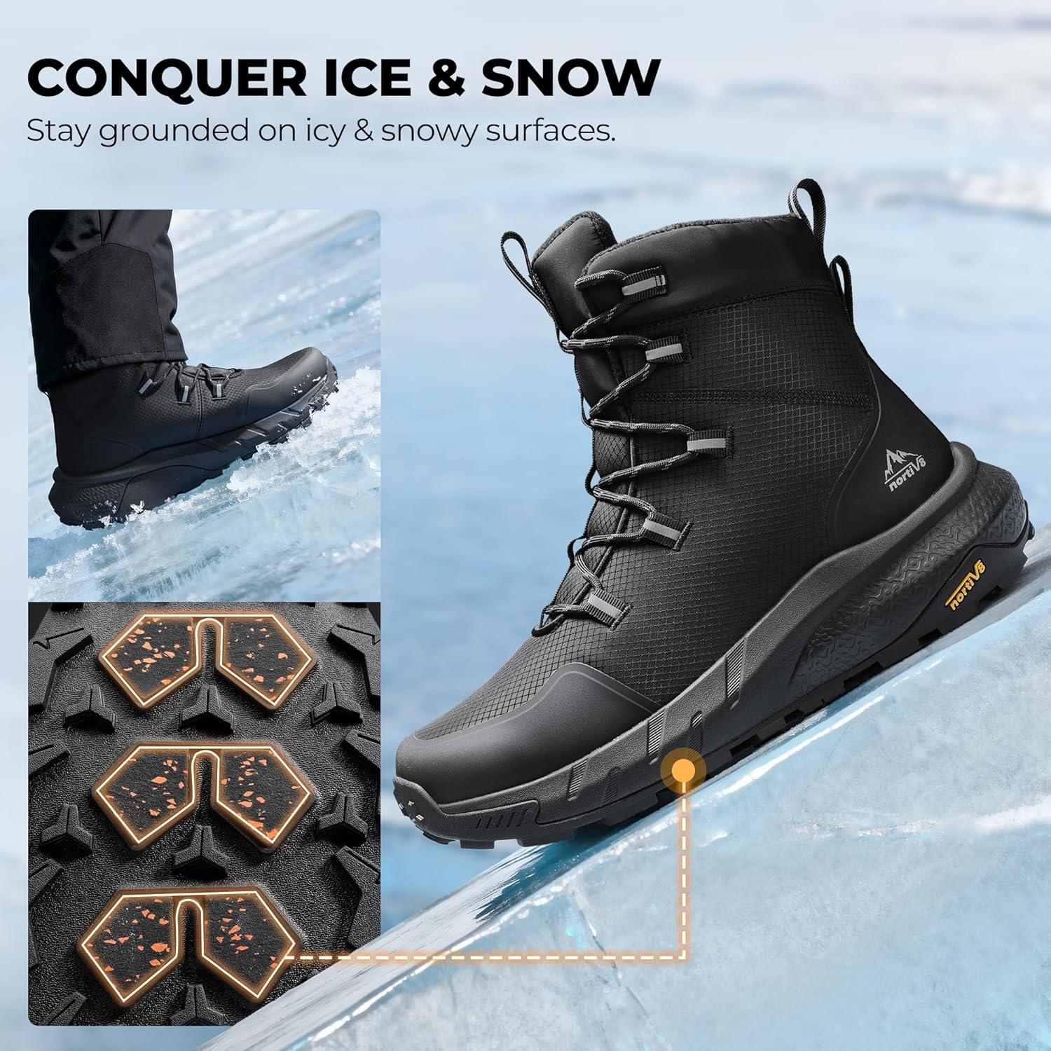 imageNORTIV 8 Mens Wide Winter Boots Grip on Snow Ice Insulated Waterproof Lightweight Comfortable Hiking Outdoor BootsBlack
