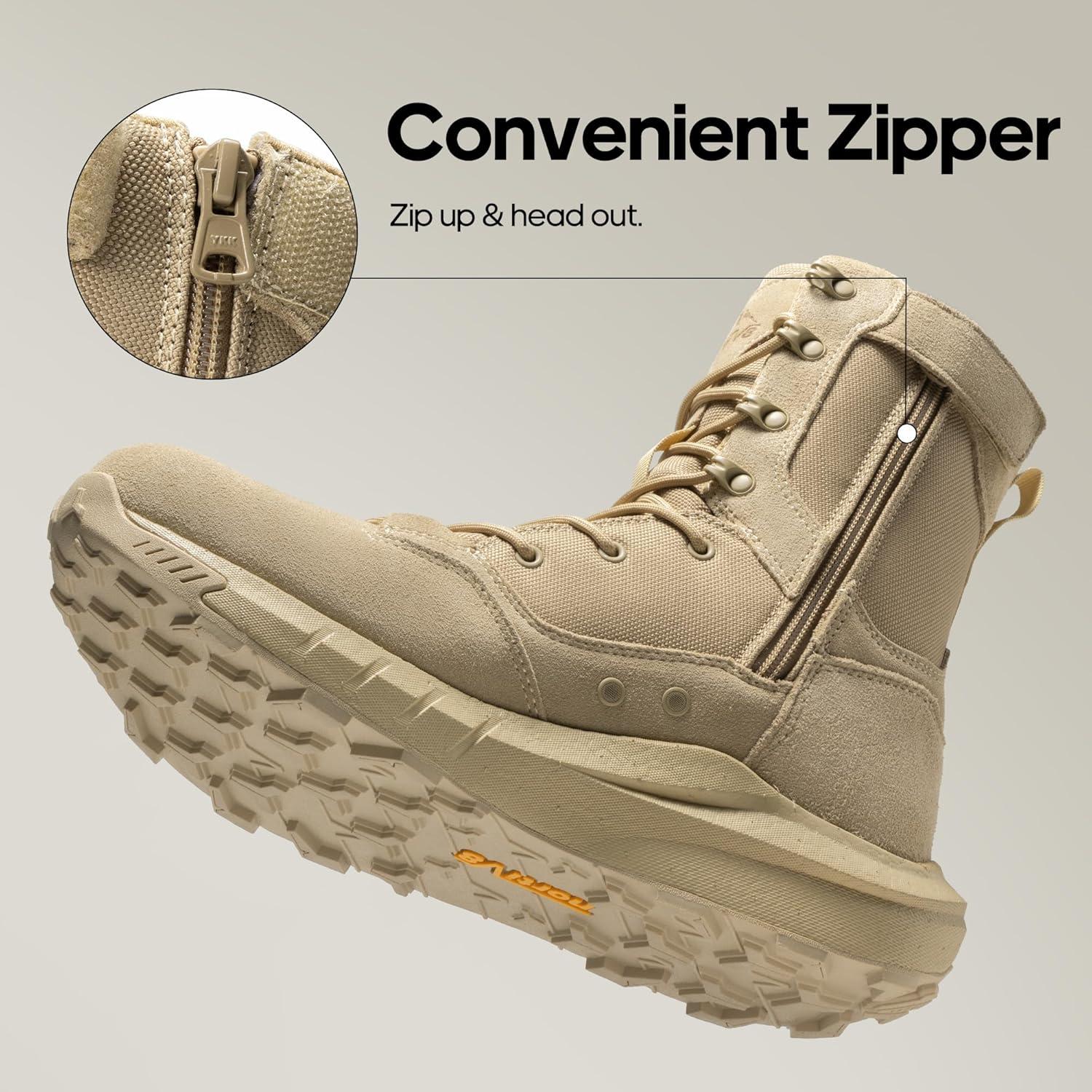 imageNORTIV 8 Mens Breathable Military Tactical Combat Boots Side Zipper Arch Support Leather Lightweight Motorcycle Work Hiking Boots 8 Inches DesertStormSand