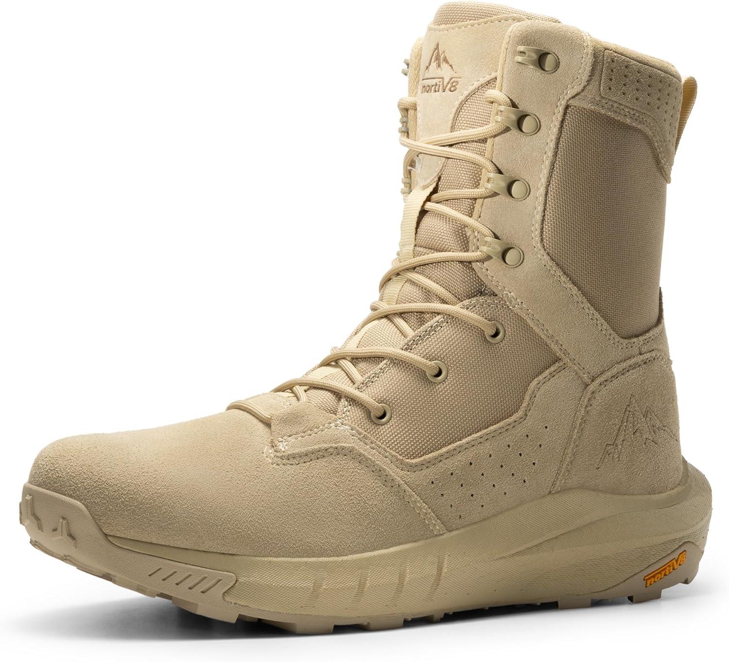 imageNORTIV 8 Mens Breathable Military Tactical Combat Boots Side Zipper Arch Support Leather Lightweight Motorcycle Work Hiking Boots 8 Inches DesertStormSand