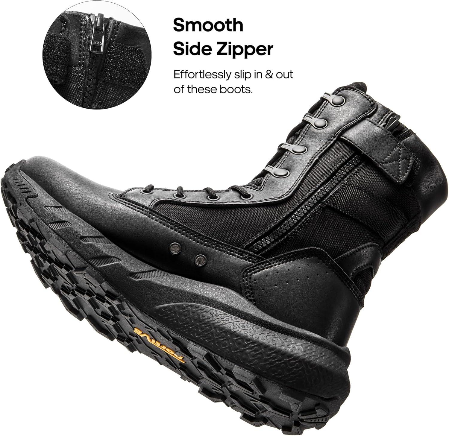 imageNORTIV 8 Mens Breathable Tactical Military Work Boots Side Zipper Leather Lightweight Hiking Motorcycle Combat Boots 8 Inches PeakforceBlack