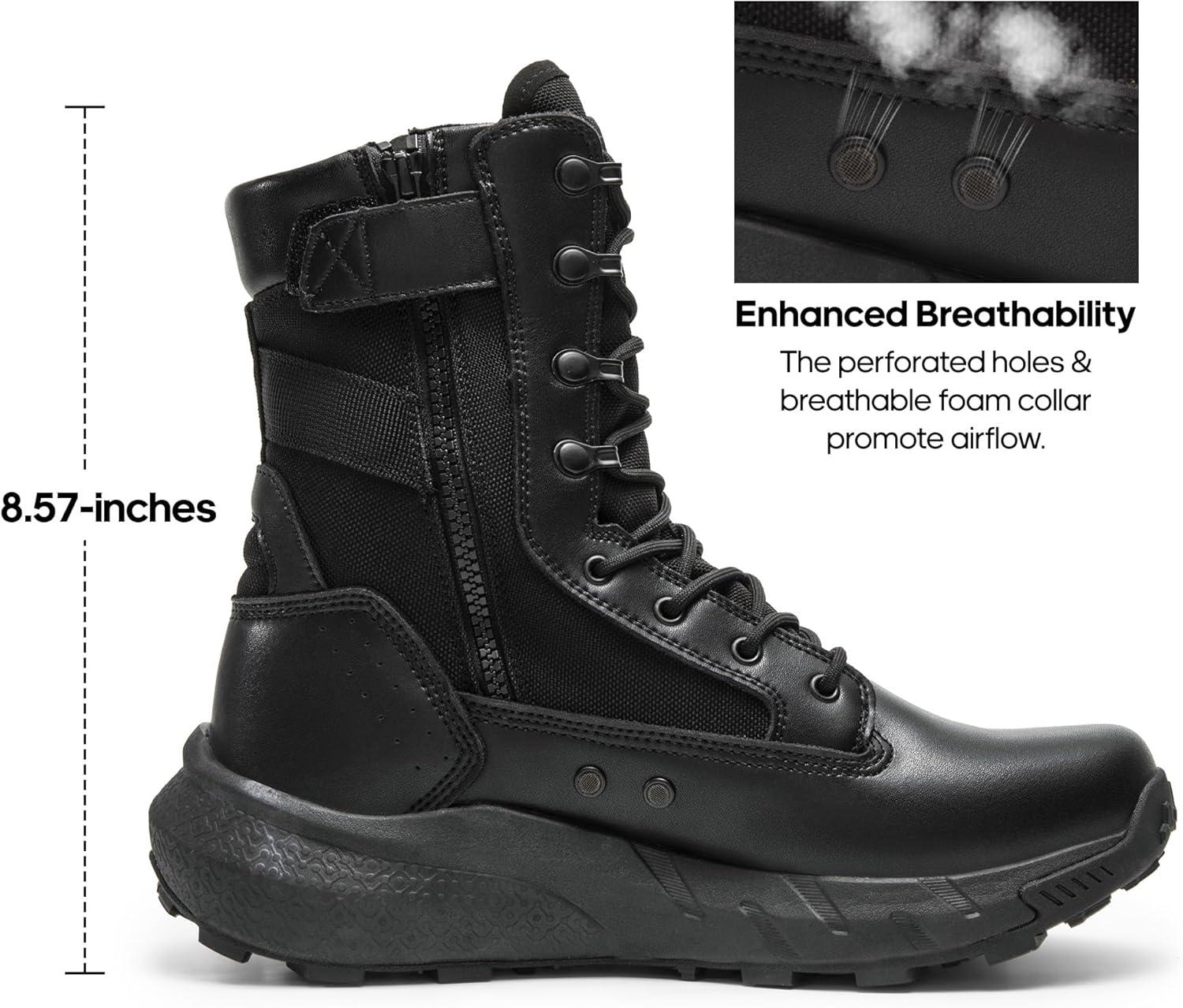 imageNORTIV 8 Mens Breathable Tactical Military Work Boots Side Zipper Leather Lightweight Hiking Motorcycle Combat Boots 8 Inches PeakforceBlack
