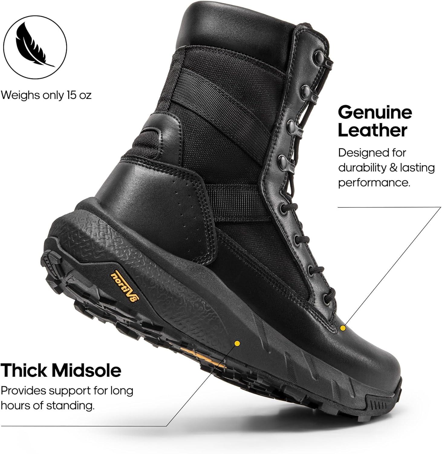 imageNORTIV 8 Mens Breathable Tactical Military Work Boots Side Zipper Leather Lightweight Hiking Motorcycle Combat Boots 8 Inches PeakforceBlack