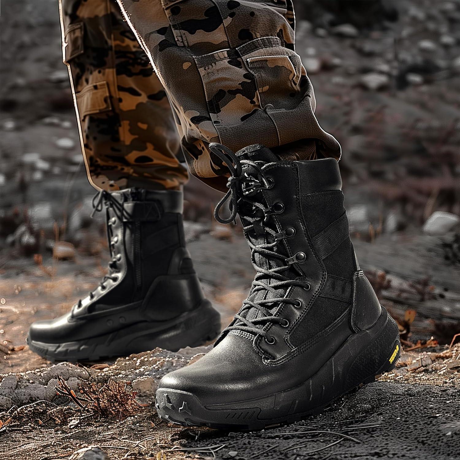 imageNORTIV 8 Mens Breathable Tactical Military Work Boots Side Zipper Leather Lightweight Hiking Motorcycle Combat Boots 8 Inches PeakforceBlack