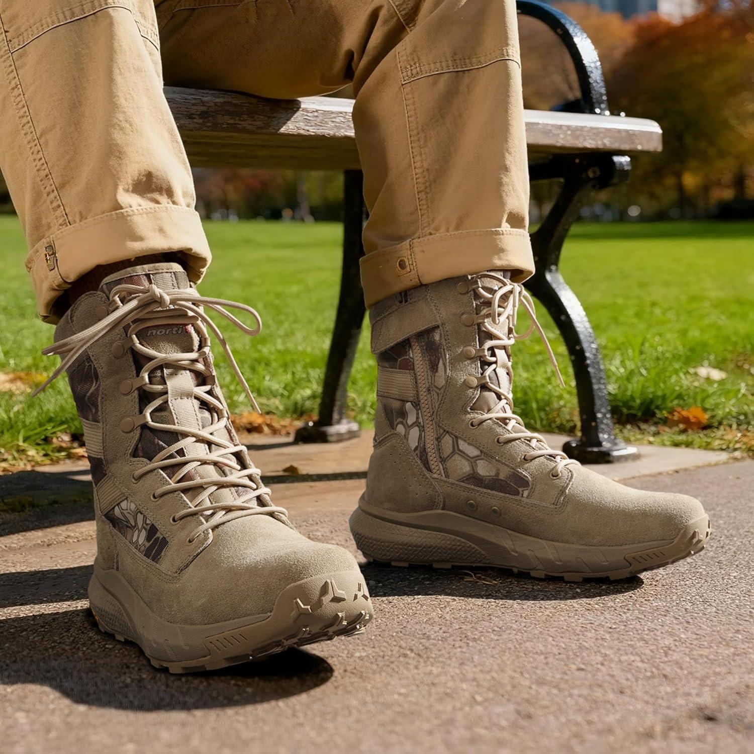 imageNORTIV 8 Mens Breathable Tactical Military Work Boots Side Zipper Leather Lightweight Hiking Motorcycle Combat Boots 8 Inches PeakforceCamo Sand