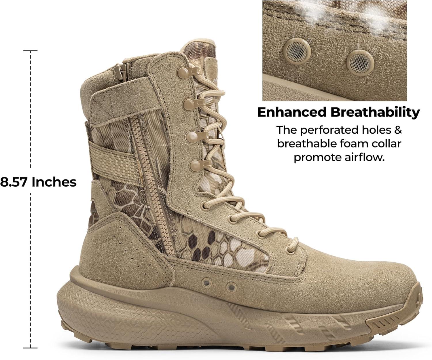 imageNORTIV 8 Mens Breathable Tactical Military Work Boots Side Zipper Leather Lightweight Hiking Motorcycle Combat Boots 8 Inches PeakforceCamo Sand