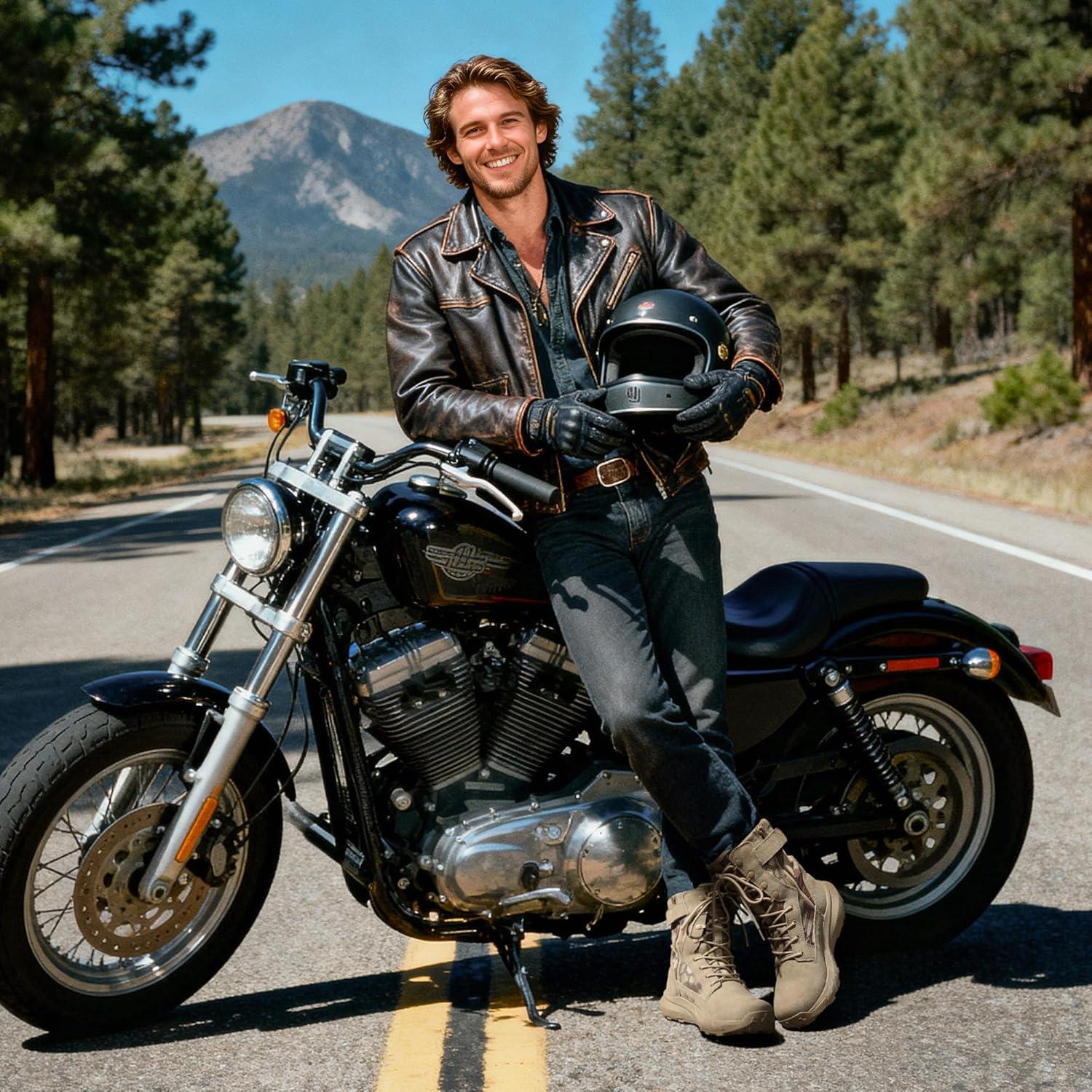 imageNORTIV 8 Mens Breathable Tactical Military Work Boots Side Zipper Leather Lightweight Hiking Motorcycle Combat Boots 8 Inches PeakforceCamo Sand