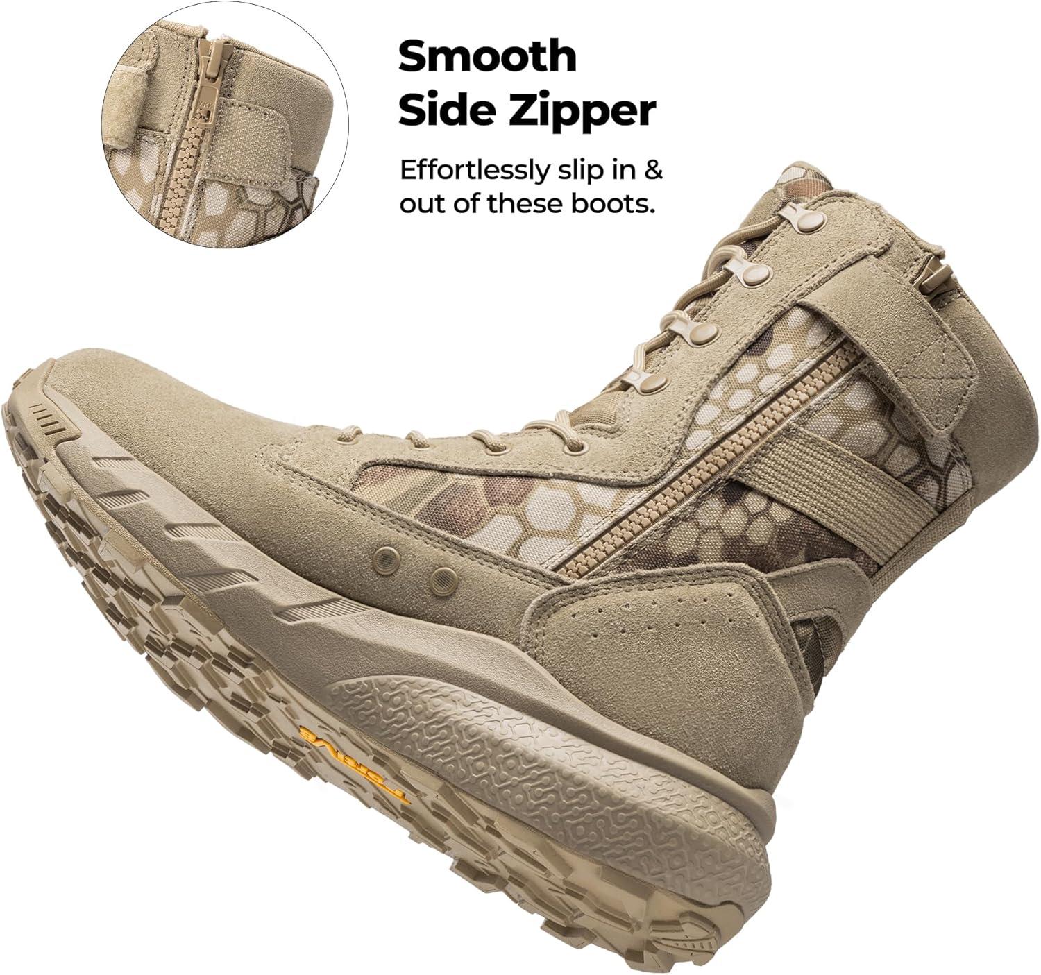 imageNORTIV 8 Mens Breathable Tactical Military Work Boots Side Zipper Leather Lightweight Hiking Motorcycle Combat Boots 8 Inches PeakforceCamo Sand