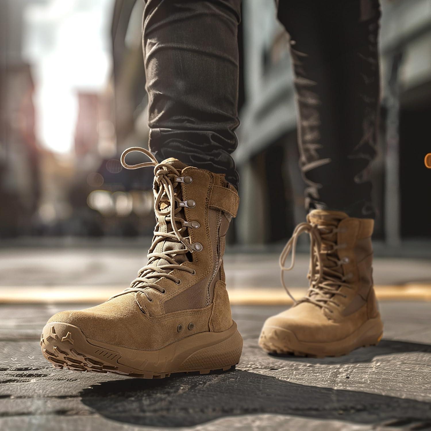 imageNORTIV 8 Mens Breathable Tactical Military Work Boots Side Zipper Leather Lightweight Hiking Motorcycle Combat Boots 8 Inches PeakforceCoyote