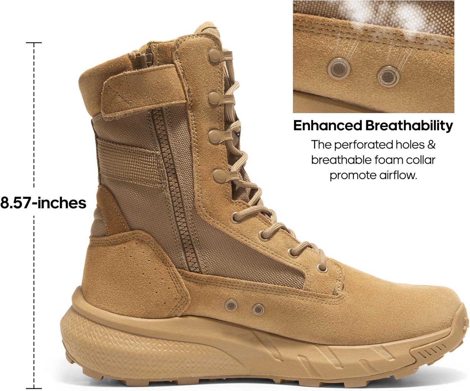 imageNORTIV 8 Mens Breathable Tactical Military Work Boots Side Zipper Leather Lightweight Hiking Motorcycle Combat Boots 8 Inches PeakforceCoyote