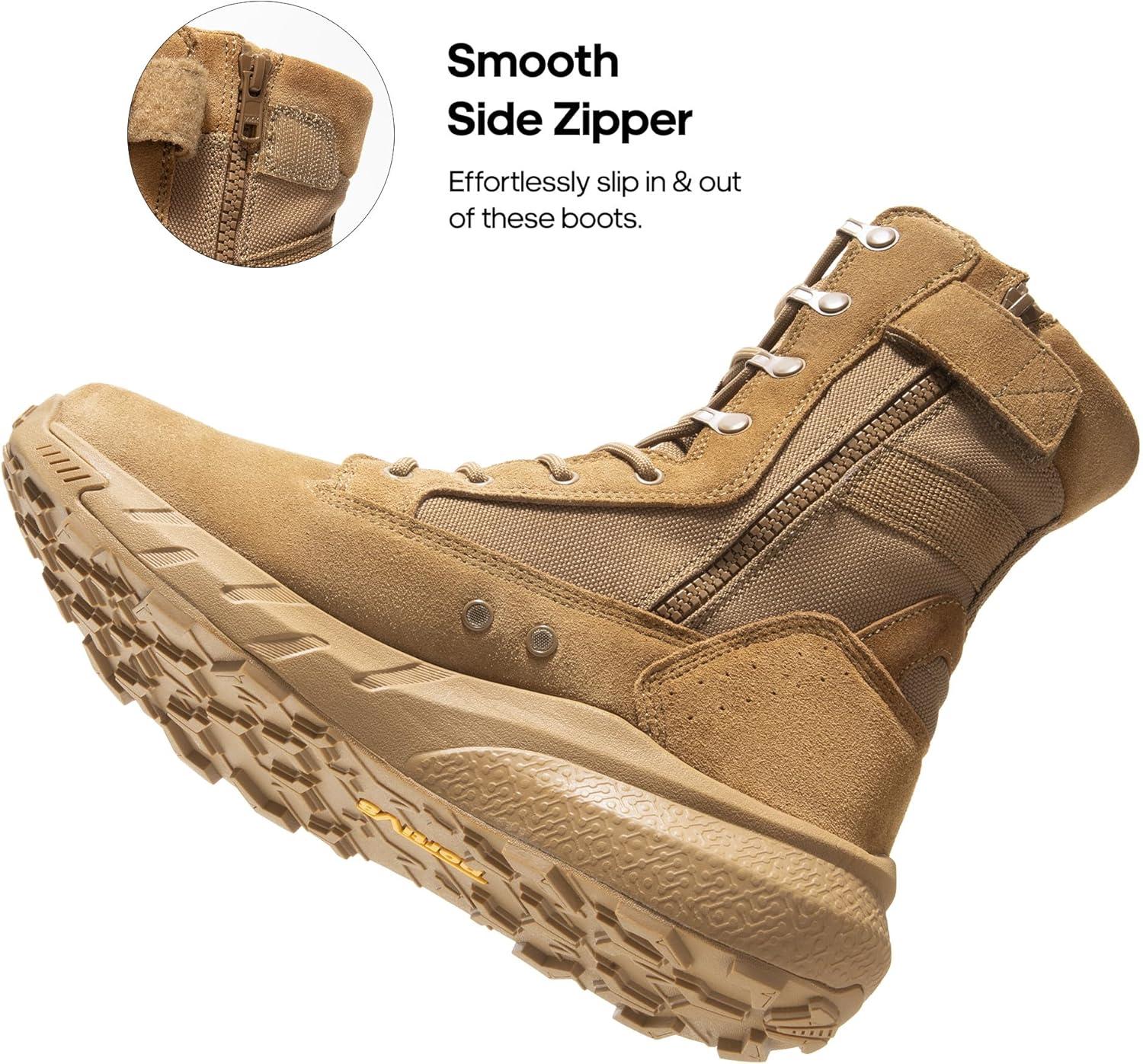 imageNORTIV 8 Mens Breathable Tactical Military Work Boots Side Zipper Leather Lightweight Hiking Motorcycle Combat Boots 8 Inches PeakforceCoyote