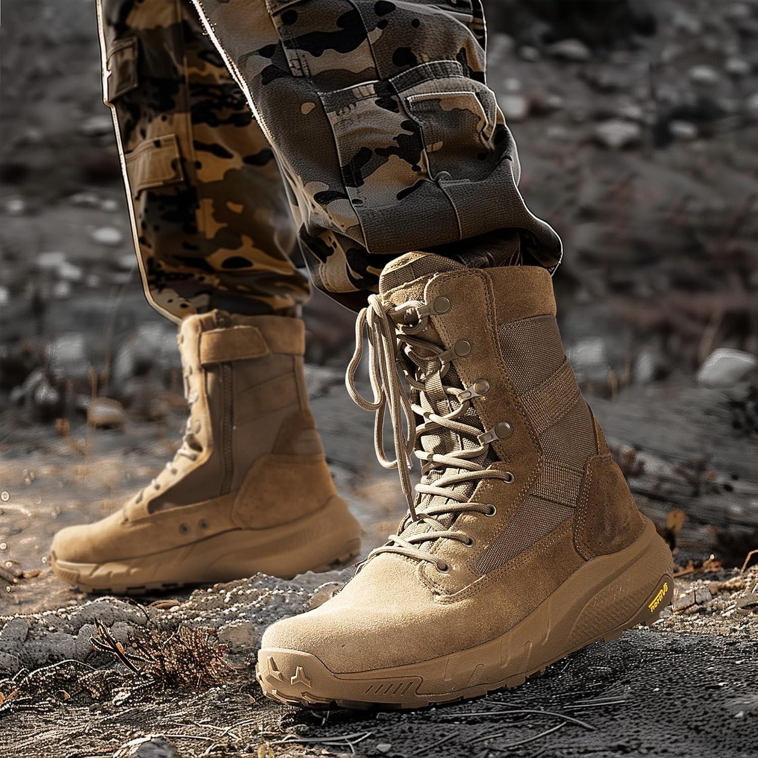 imageNORTIV 8 Mens Breathable Tactical Military Work Boots Side Zipper Leather Lightweight Hiking Motorcycle Combat Boots 8 Inches PeakforceCoyote