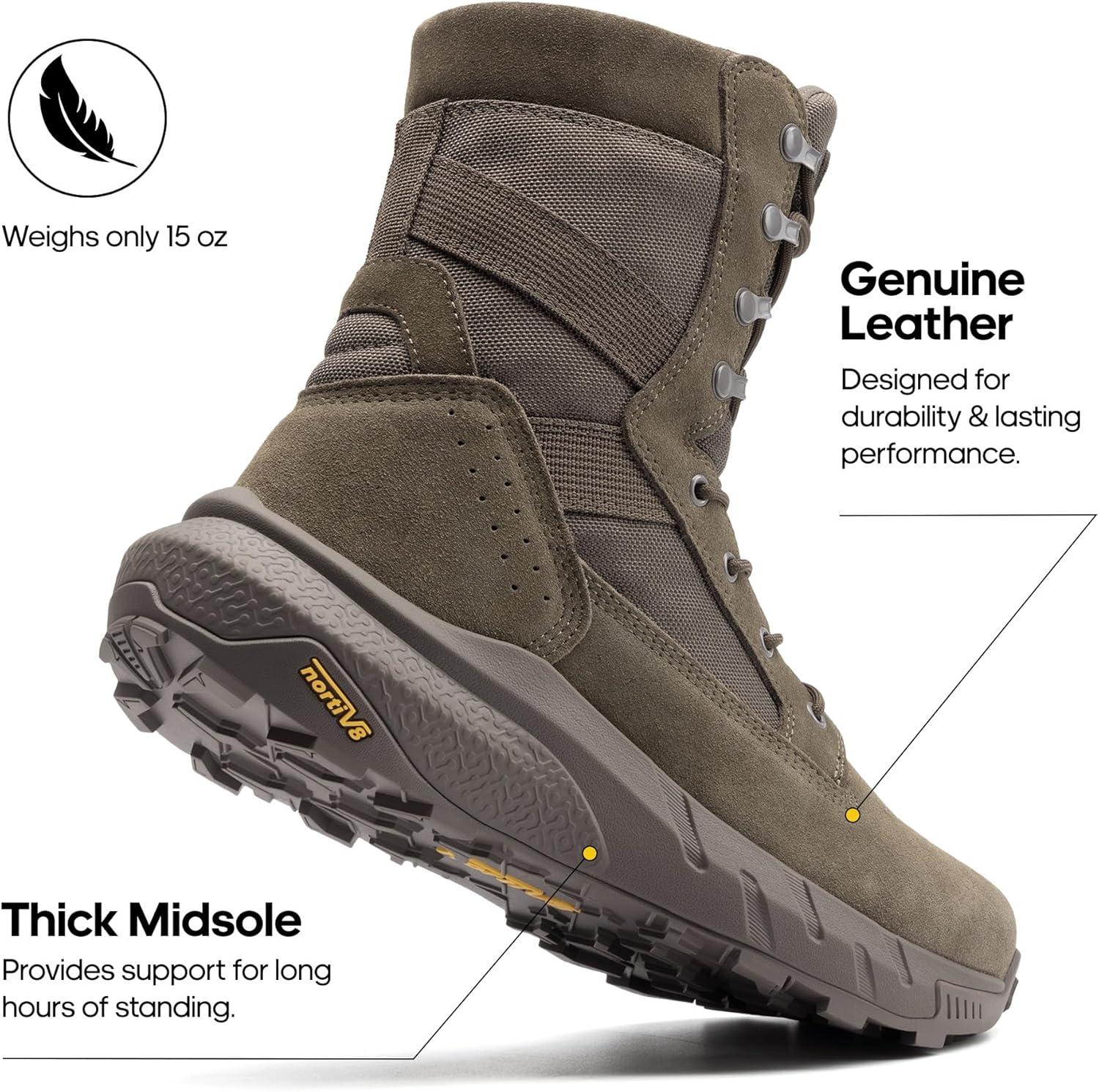 imageNORTIV 8 Mens Breathable Tactical Military Work Boots Side Zipper Leather Lightweight Hiking Motorcycle Combat Boots 8 Inches PeakforceOlive