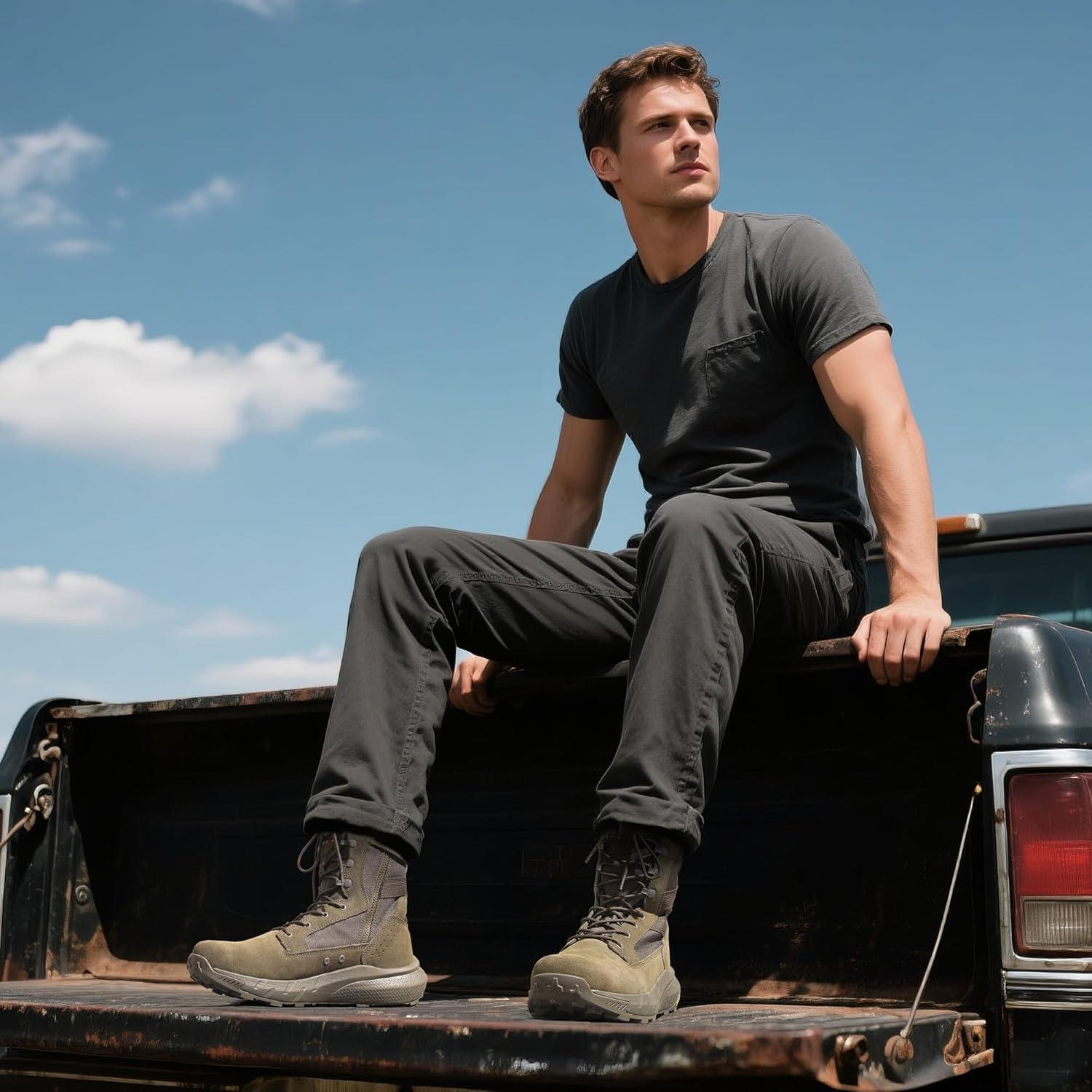 imageNORTIV 8 Mens Breathable Tactical Military Work Boots Side Zipper Leather Lightweight Hiking Motorcycle Combat Boots 8 Inches PeakforceOlive