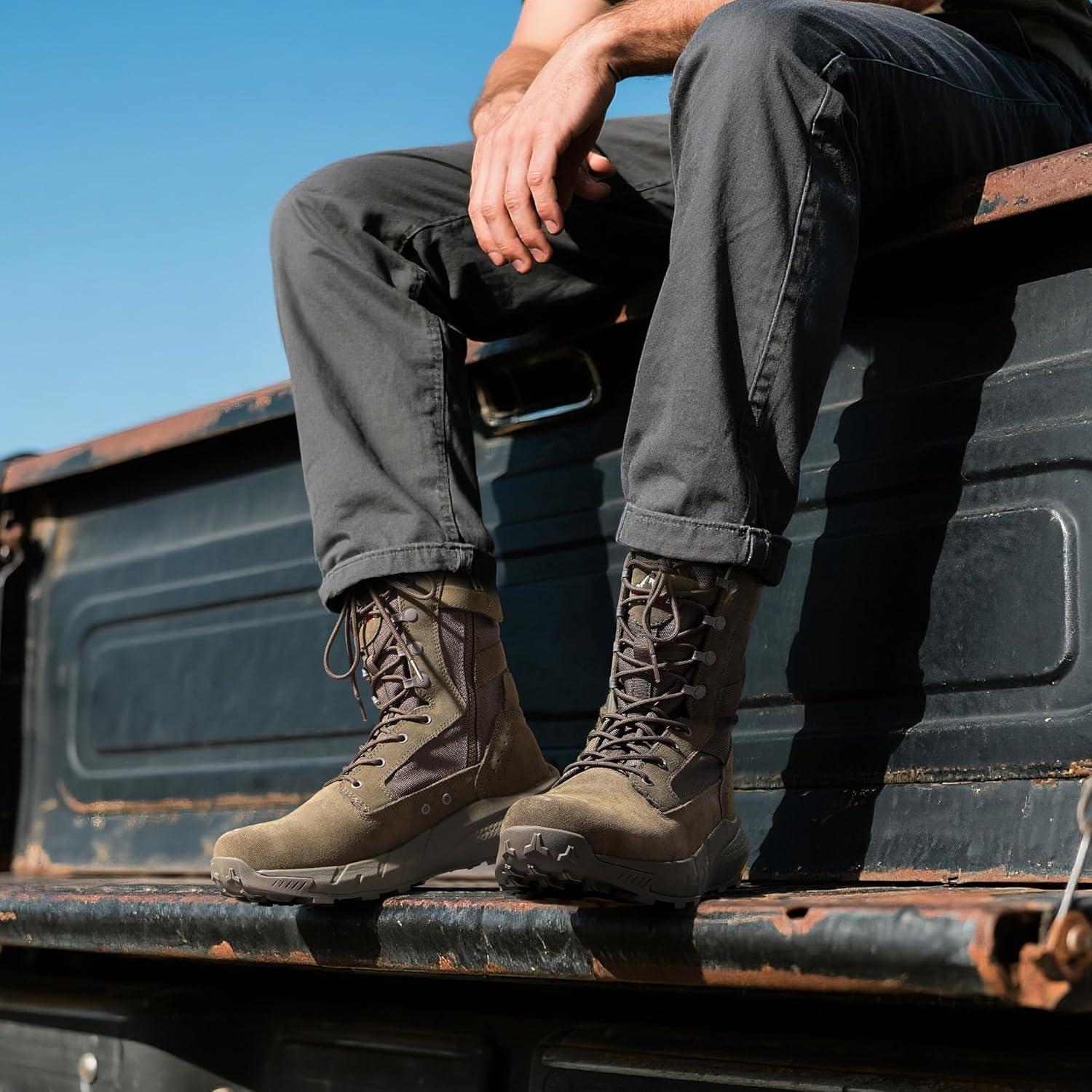 imageNORTIV 8 Mens Breathable Tactical Military Work Boots Side Zipper Leather Lightweight Hiking Motorcycle Combat Boots 8 Inches PeakforceOlive