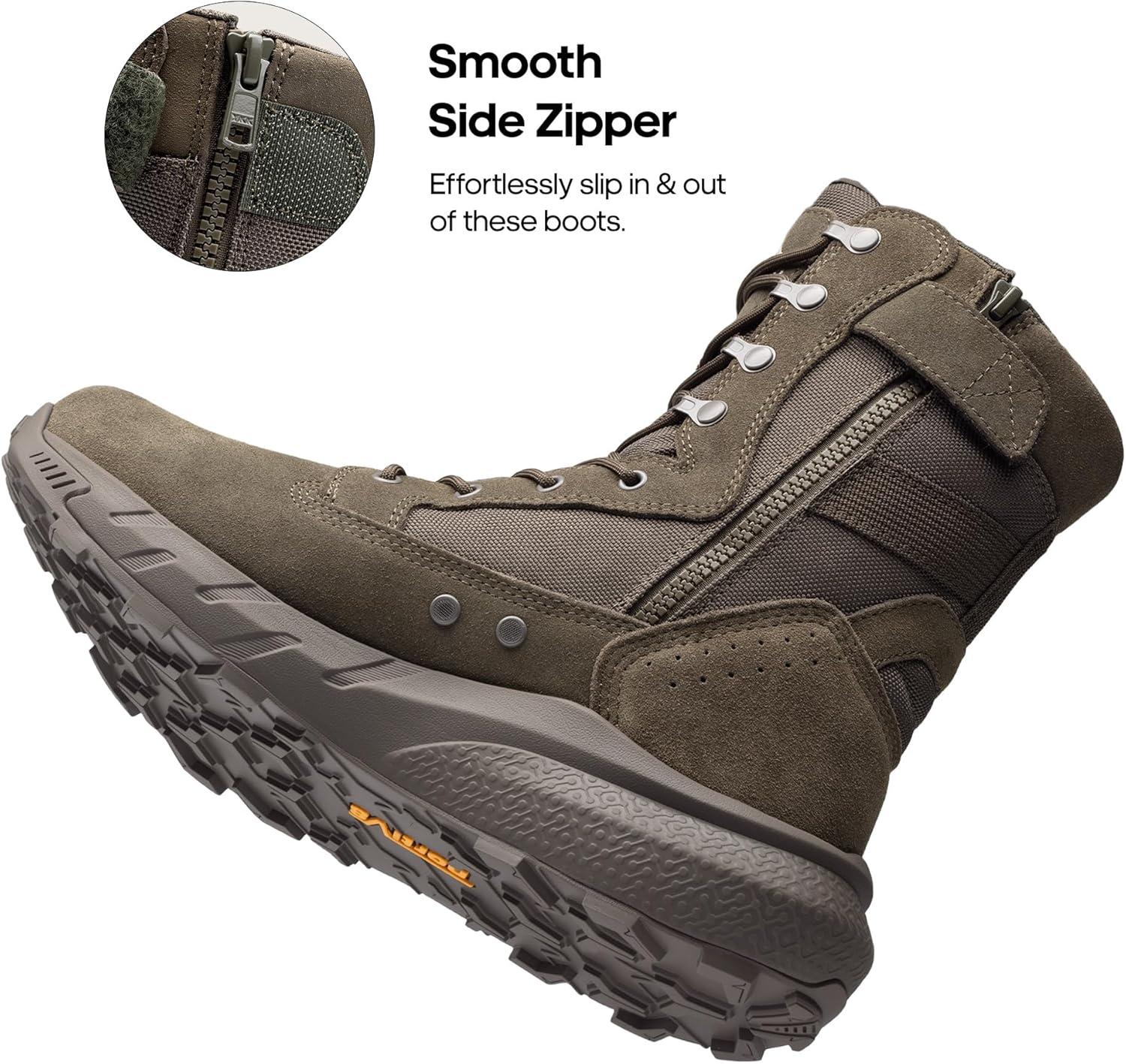imageNORTIV 8 Mens Breathable Tactical Military Work Boots Side Zipper Leather Lightweight Hiking Motorcycle Combat Boots 8 Inches PeakforceOlive