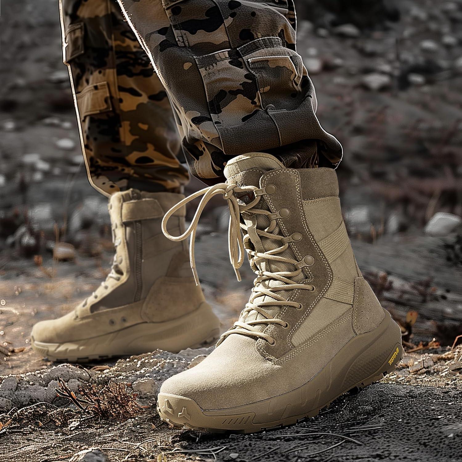 imageNORTIV 8 Mens Breathable Tactical Military Work Boots Side Zipper Leather Lightweight Hiking Motorcycle Combat Boots 8 Inches PeakforceSand