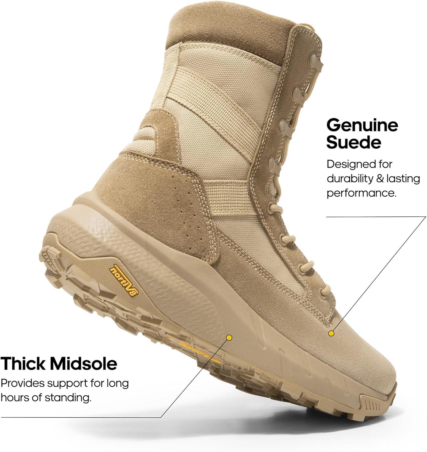 imageNORTIV 8 Mens Breathable Tactical Military Work Boots Side Zipper Leather Lightweight Hiking Motorcycle Combat Boots 8 Inches PeakforceSand