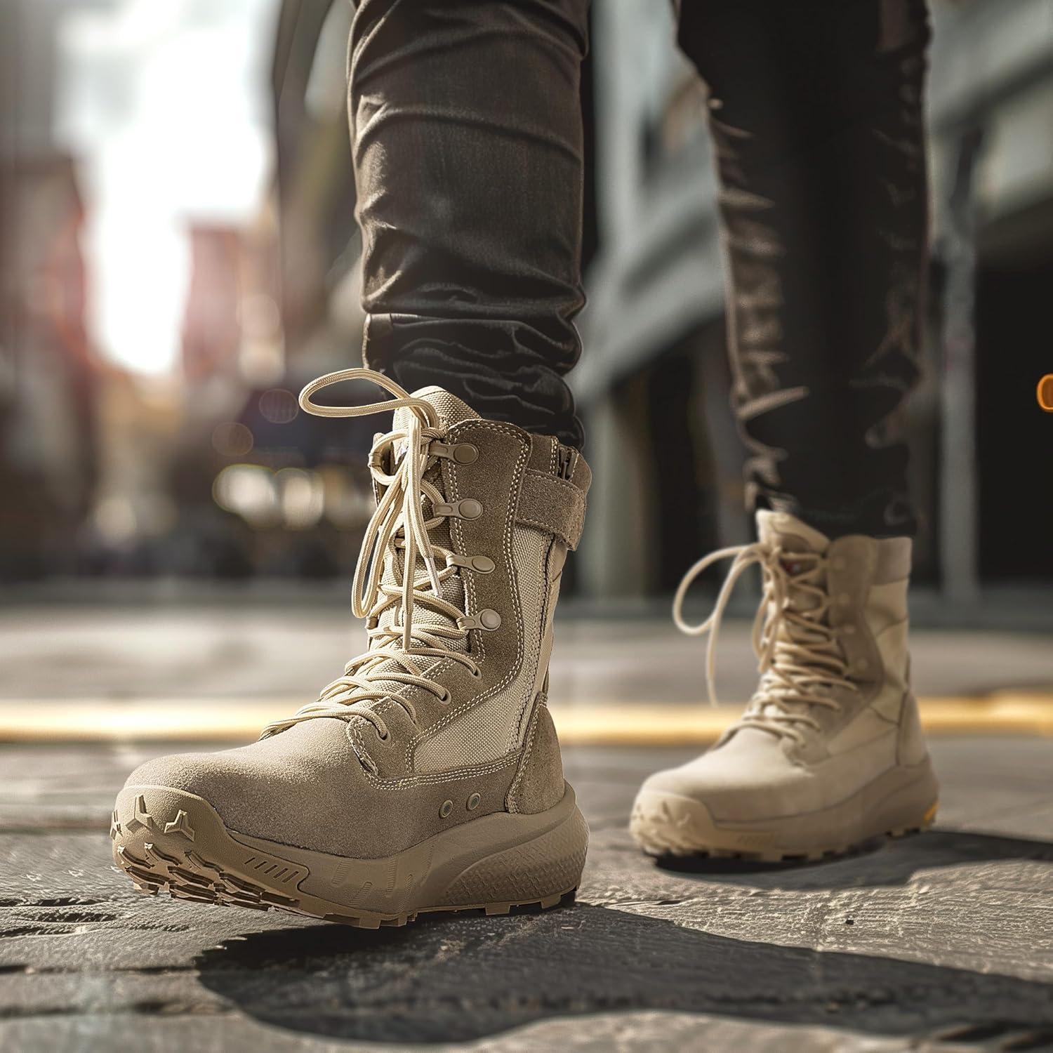 imageNORTIV 8 Mens Breathable Tactical Military Work Boots Side Zipper Leather Lightweight Hiking Motorcycle Combat Boots 8 Inches PeakforceSand