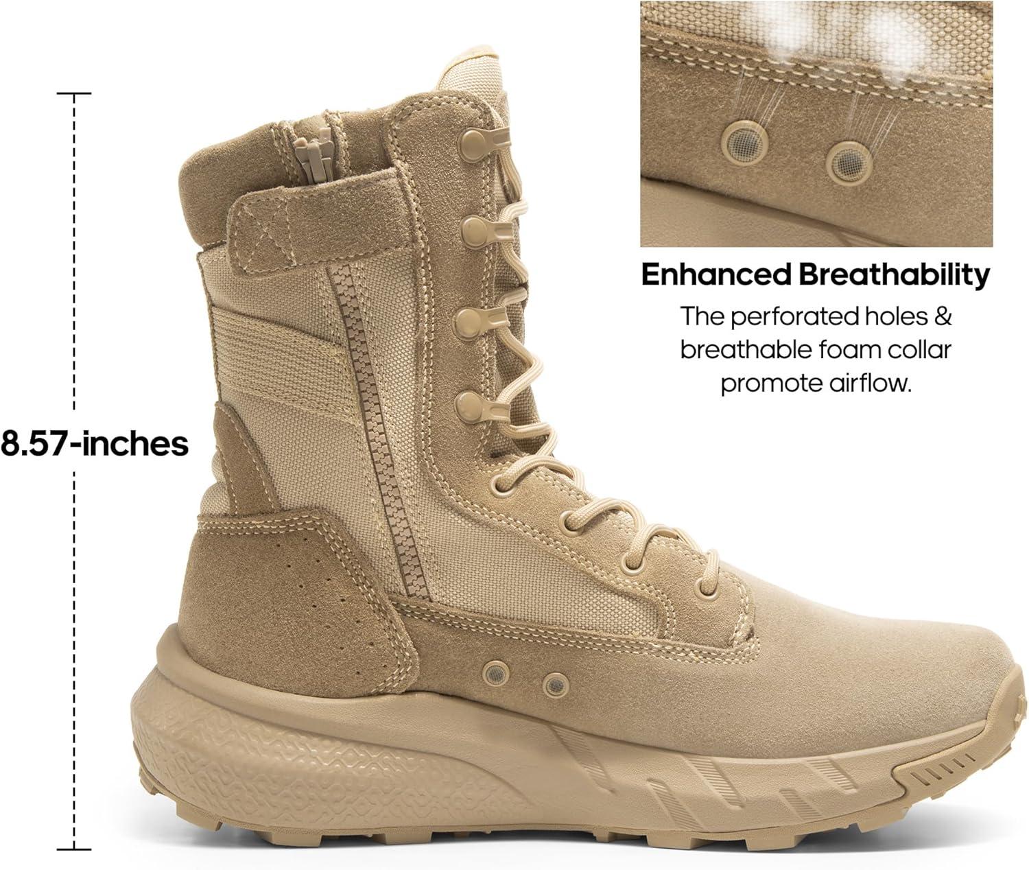 imageNORTIV 8 Mens Breathable Tactical Military Work Boots Side Zipper Leather Lightweight Hiking Motorcycle Combat Boots 8 Inches PeakforceSand