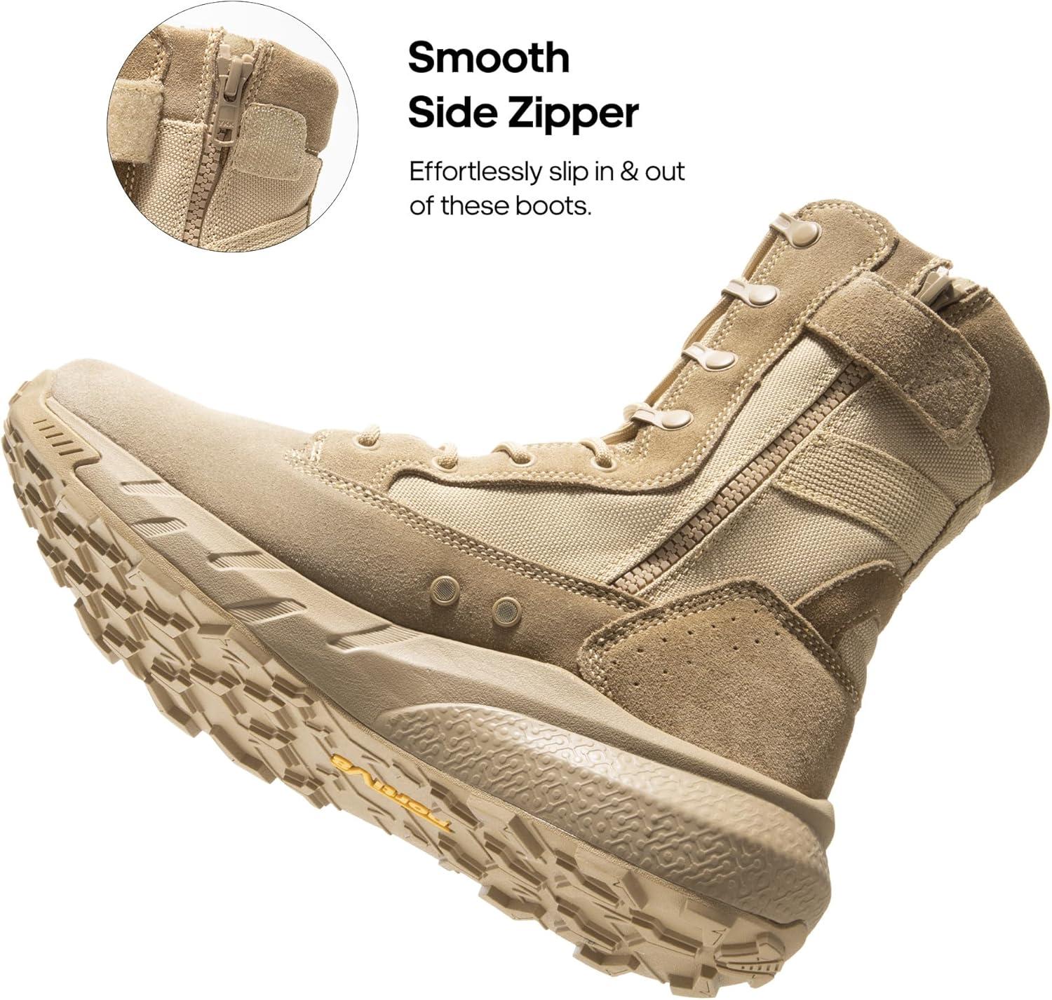 imageNORTIV 8 Mens Breathable Tactical Military Work Boots Side Zipper Leather Lightweight Hiking Motorcycle Combat Boots 8 Inches PeakforceSand