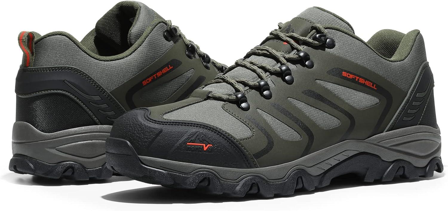 imageNORTIV 8 Mens Low Top Waterproof Hiking Shoes Trekking Trails Outdoor Work ShoesArmyGreenBlackOrange