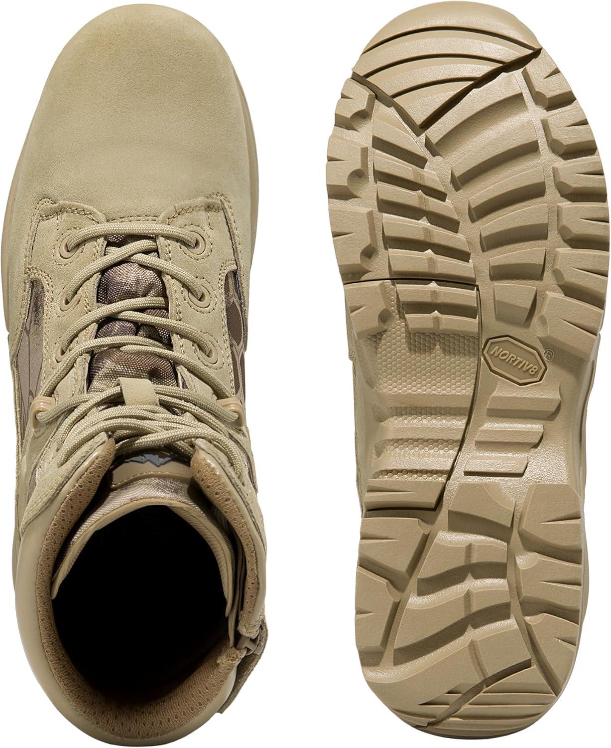 imageNORTIV 8 Mens Military Tactical Work Boots Hiking Side Zip Leather Outdoor Motorcycle Combat Boots ResponseCamo Sand