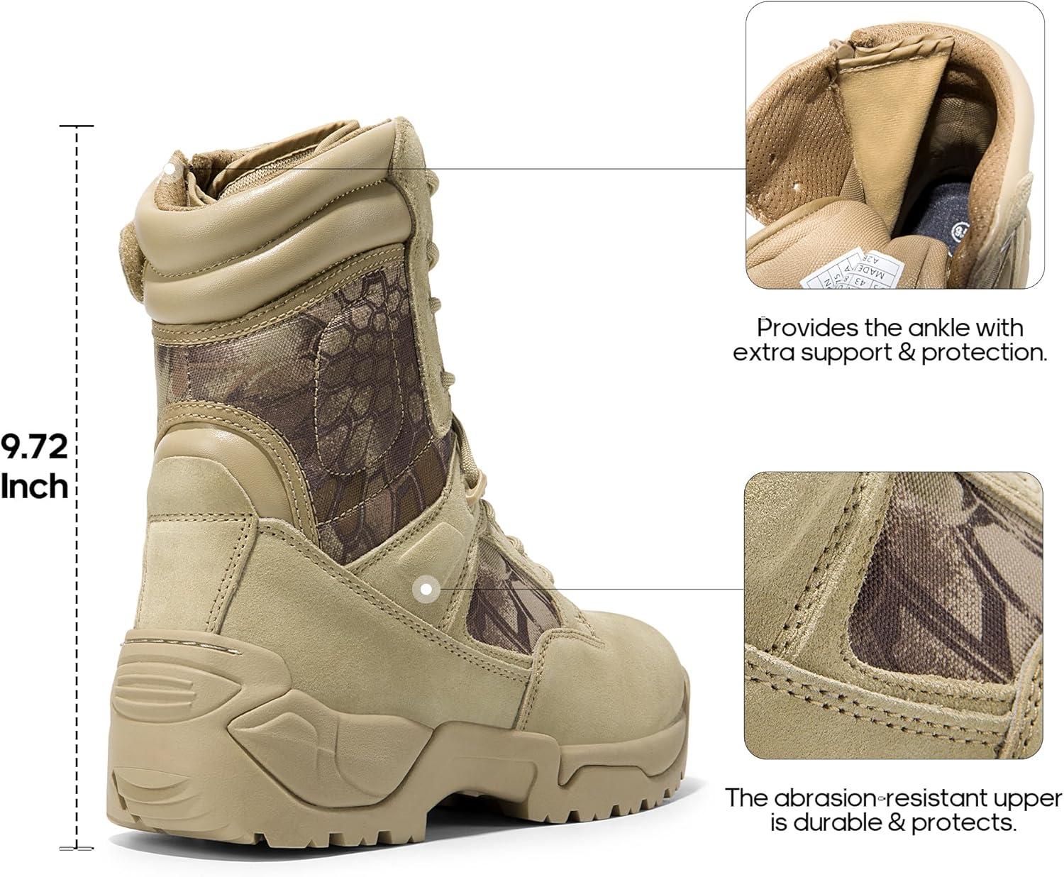 imageNORTIV 8 Mens Military Tactical Work Boots Hiking Side Zip Leather Outdoor Motorcycle Combat Boots ResponseCamo Sand