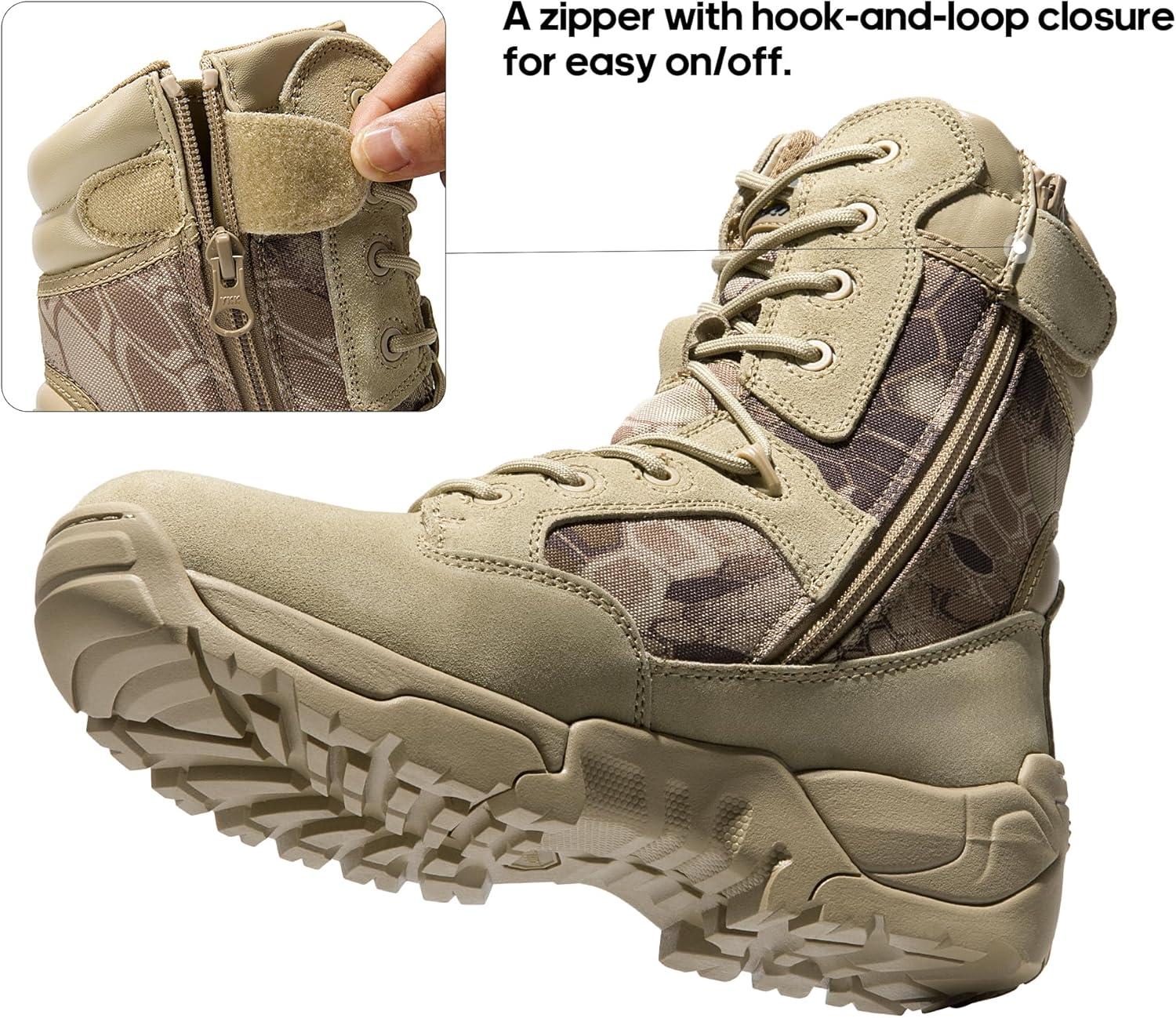 imageNORTIV 8 Mens Military Tactical Work Boots Hiking Side Zip Leather Outdoor Motorcycle Combat Boots ResponseCamo Sand