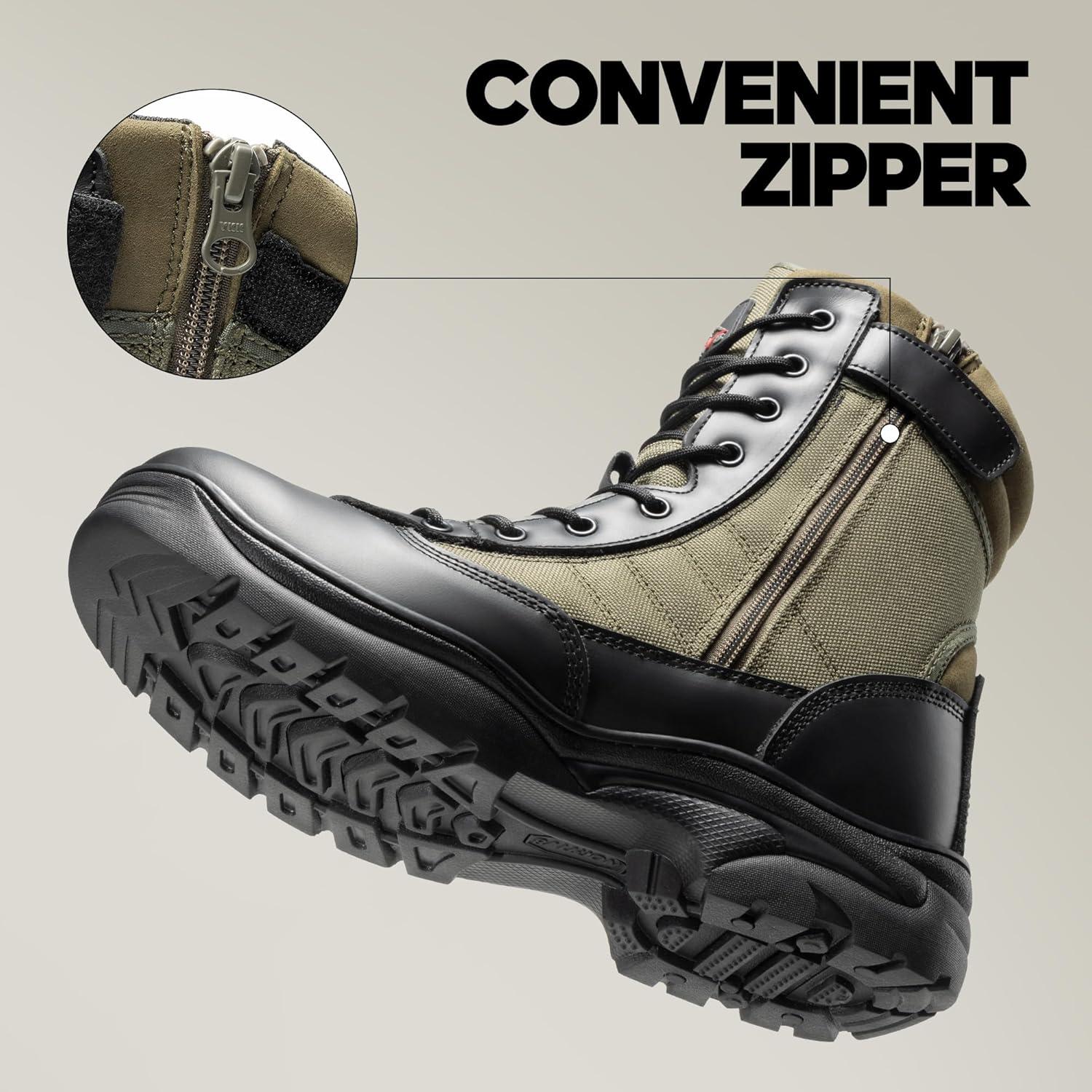 imageNORTIV 8 Mens Military Tactical Work Boots Side Zipper Leather Motorcycle Combat Boots Trooper68 InchesBlackArmy Green