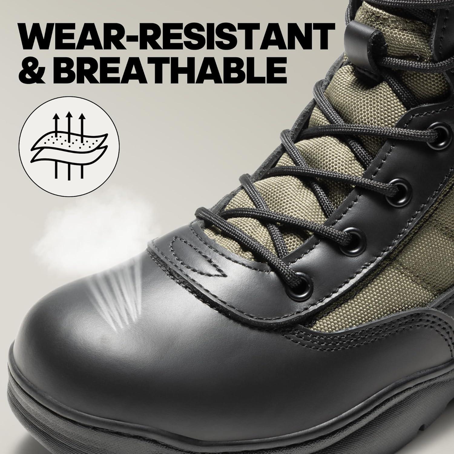 imageNORTIV 8 Mens Military Tactical Work Boots Side Zipper Leather Motorcycle Combat Boots Trooper68 InchesBlackArmy Green