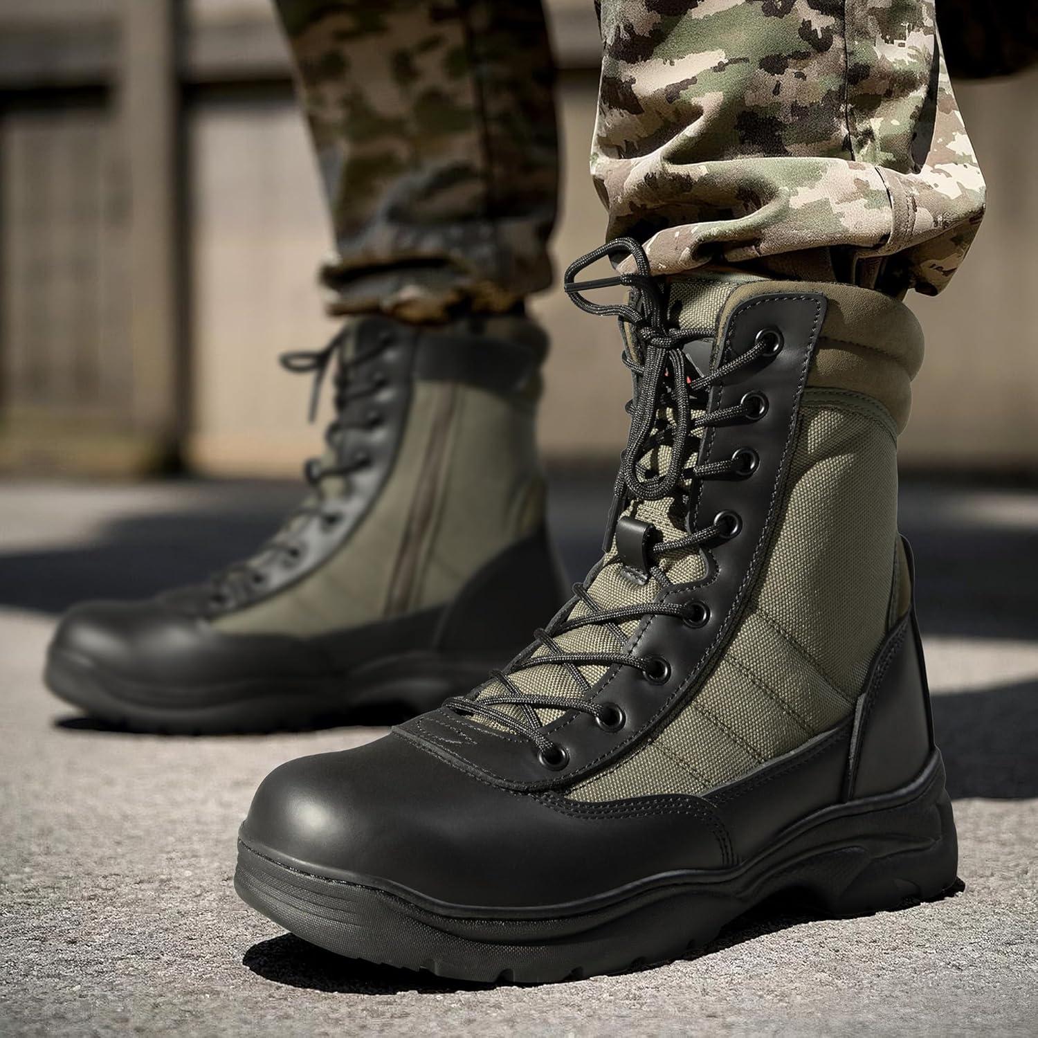 imageNORTIV 8 Mens Military Tactical Work Boots Side Zipper Leather Motorcycle Combat Boots Trooper68 InchesBlackArmy Green