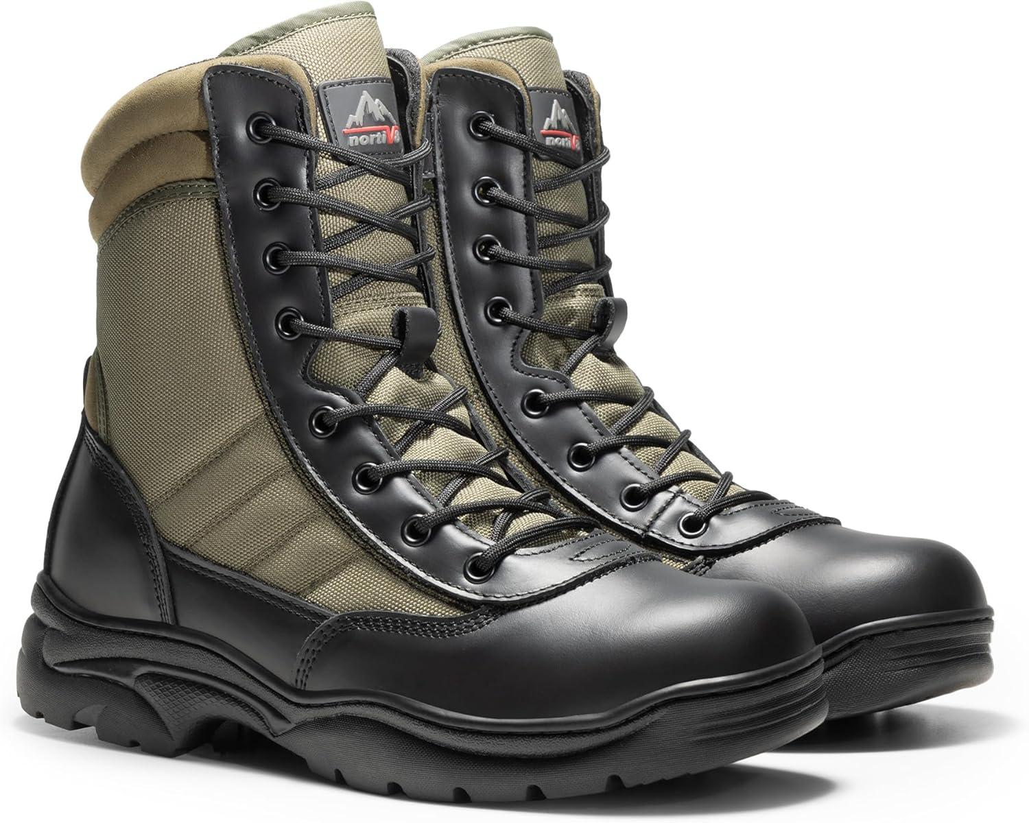 imageNORTIV 8 Mens Military Tactical Work Boots Side Zipper Leather Motorcycle Combat Boots Trooper68 InchesBlackArmy Green