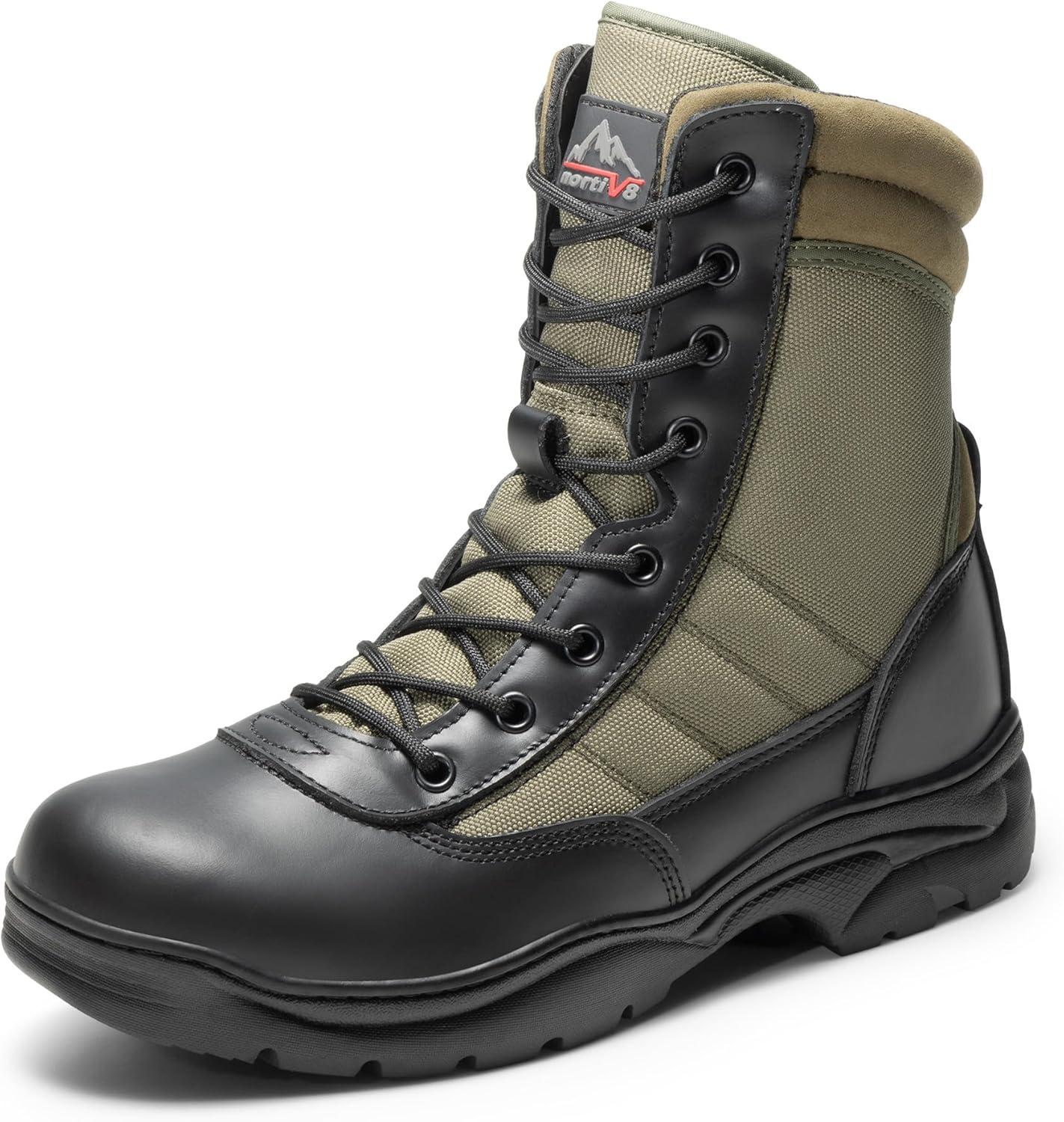 imageNORTIV 8 Mens Military Tactical Work Boots Side Zipper Leather Motorcycle Combat Boots Trooper68 InchesBlackArmy Green