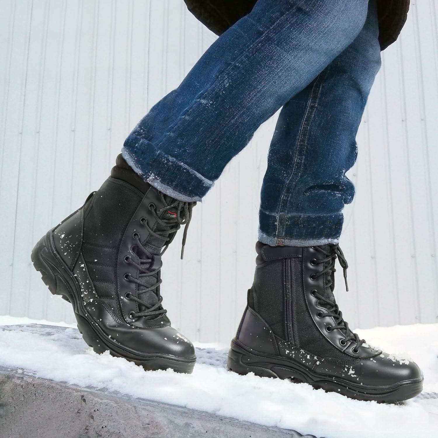 imageNORTIV 8 Mens Military Tactical Work Boots Side Zipper Leather Motorcycle Combat Boots Trooper68 InchesBlackfur Lining