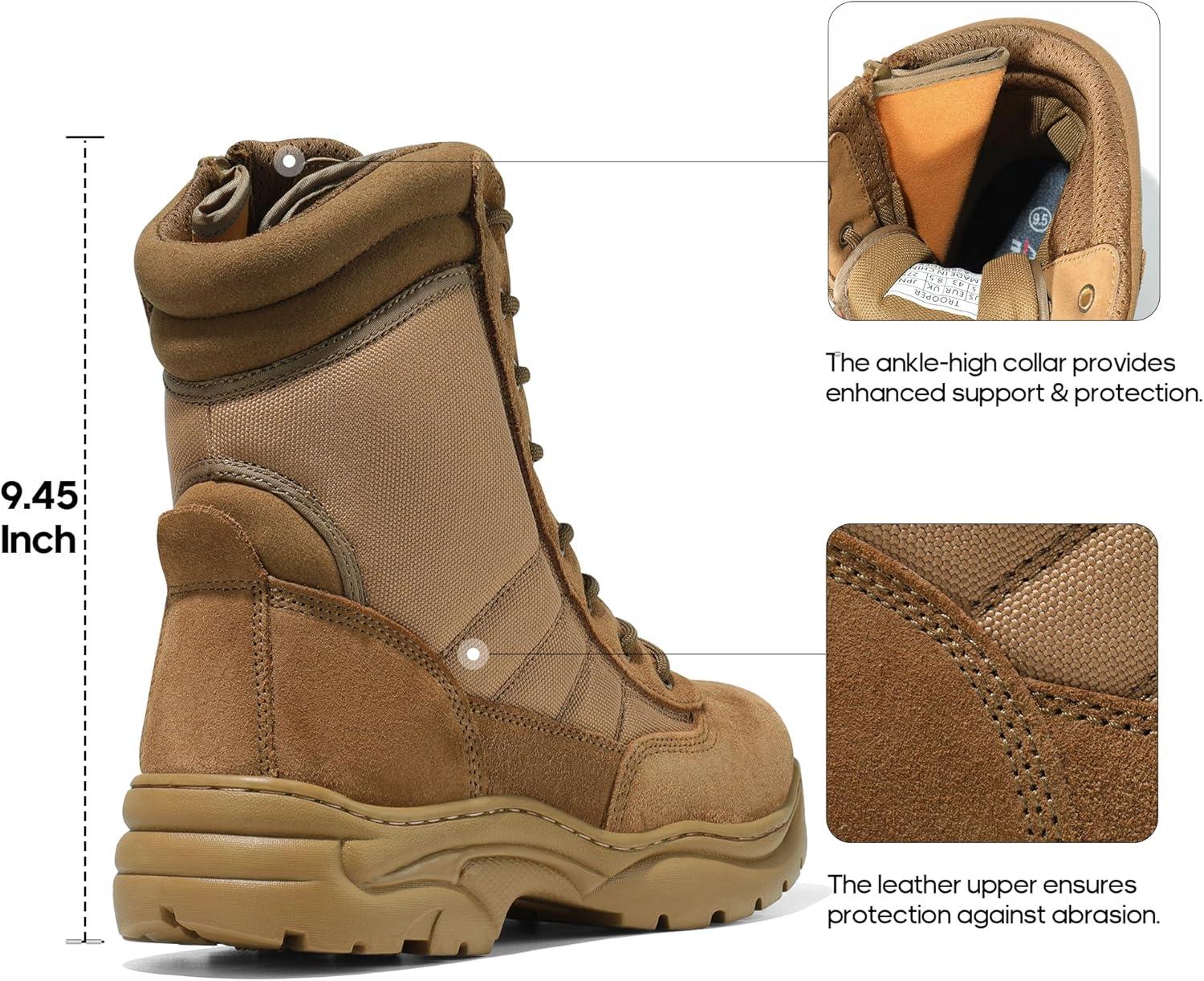 imageNORTIV 8 Mens Military Tactical Work Boots Side Zipper Leather Motorcycle Combat Boots Trooper68 InchesBrown8 Inches