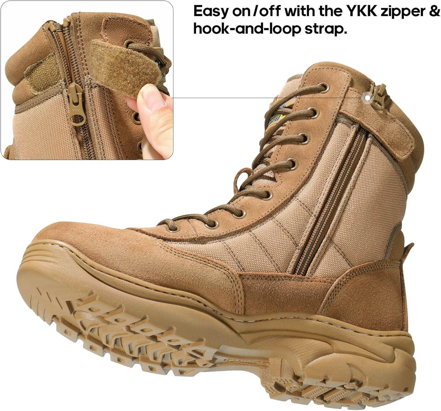 imageNORTIV 8 Mens Military Tactical Work Boots Side Zipper Leather Motorcycle Combat Boots Trooper68 InchesBrown8 Inches