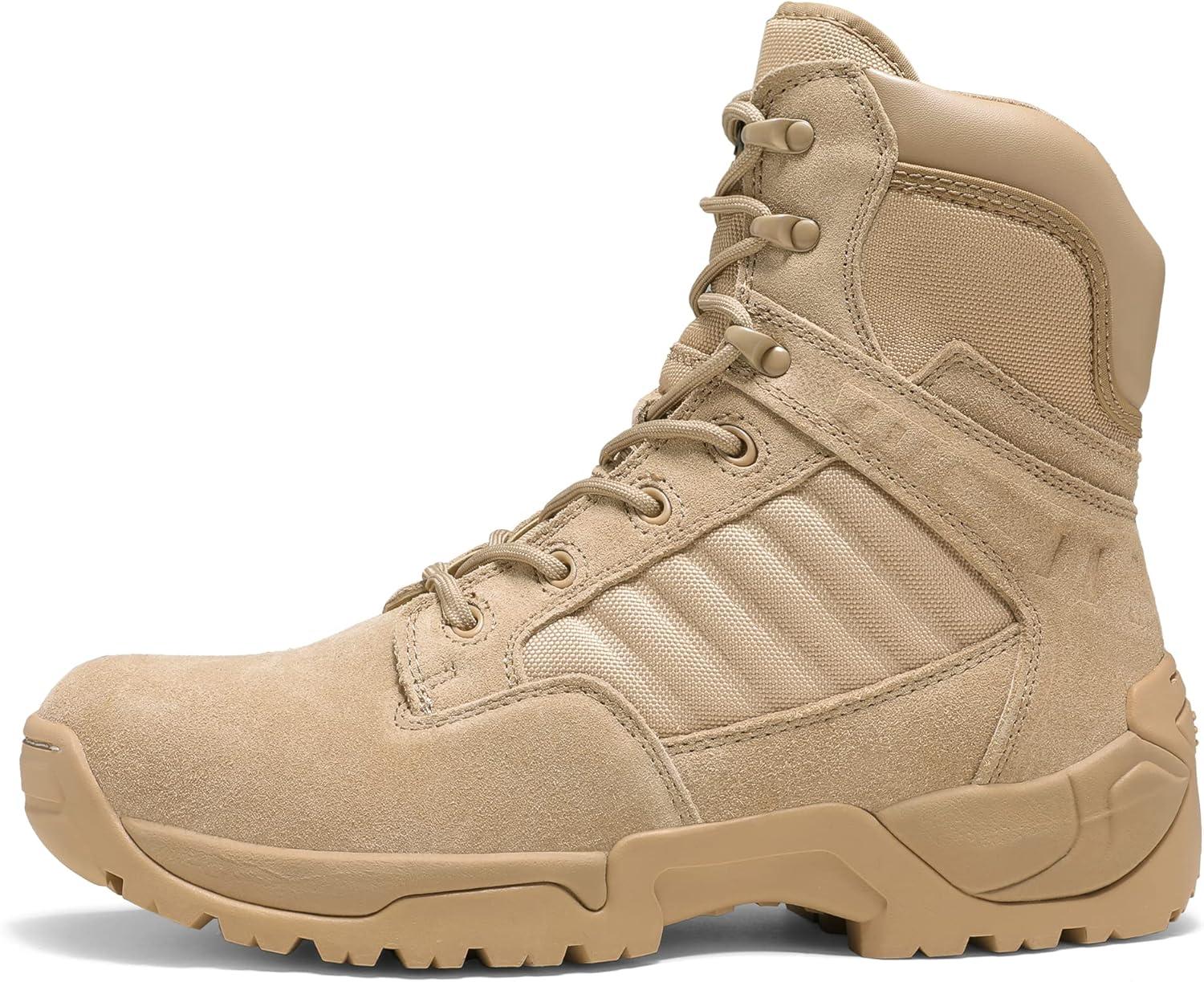 imageNORTIV 8 Mens Military Tactical Work Boots Side Zipper Leather Motorcycle Combat Boots Trooper68 InchesSand