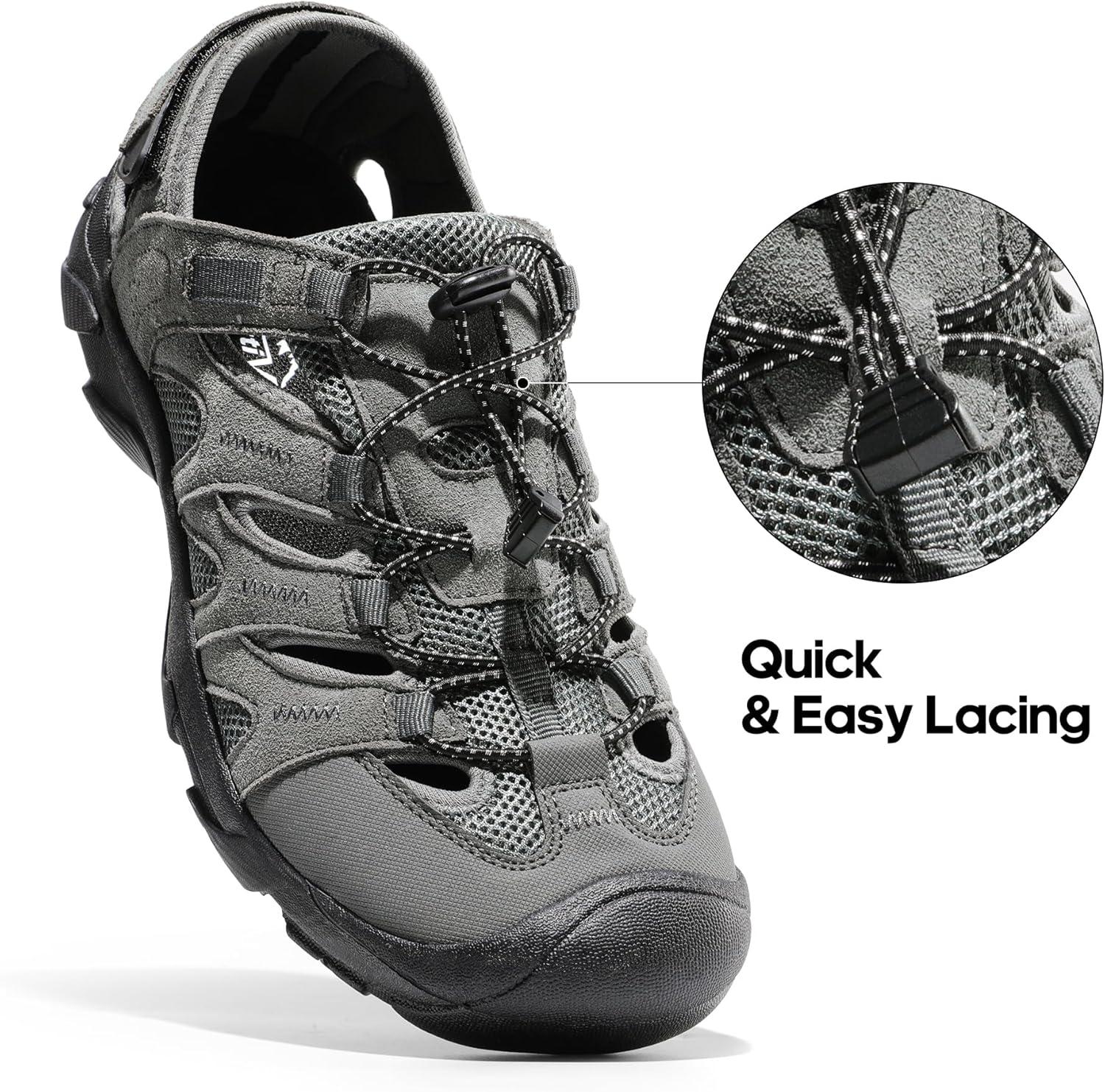 imageNORTIV 8 Mens Sandals Closed Toe Athletic Hiking Sport Lightweight Walking Leather Sandals for Men SNWS242M GreyBlack Size 13