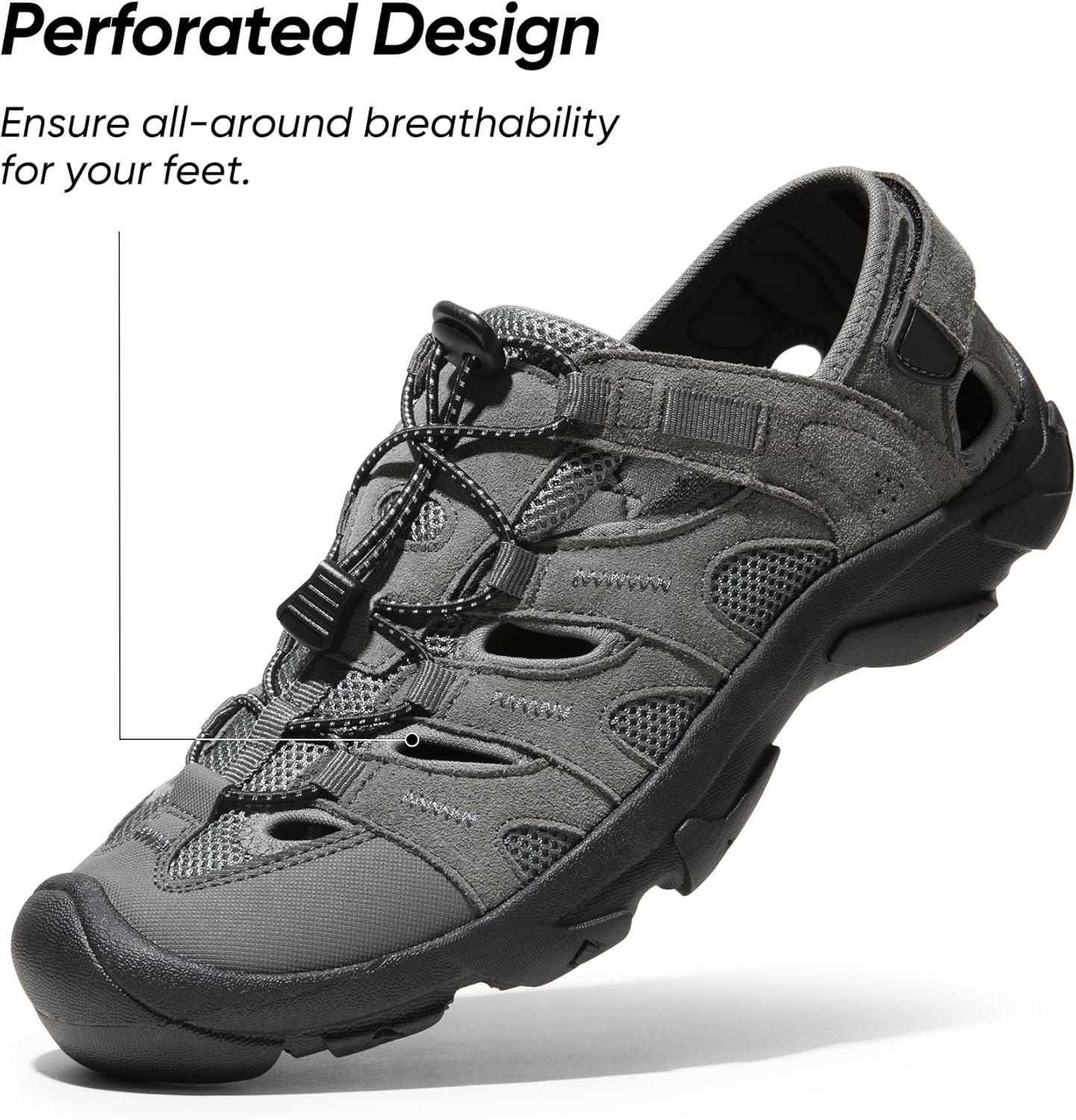 imageNORTIV 8 Mens Sandals Closed Toe Athletic Hiking Sport Lightweight Walking Leather Sandals for Men SNWS242M GreyBlack Size 13