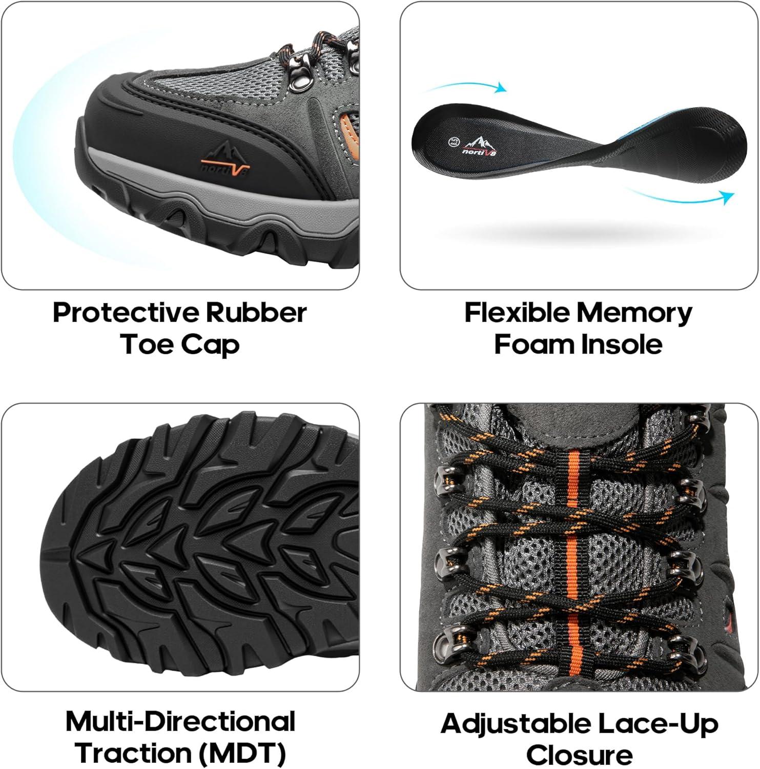 imageNORTIV 8 Mens Waterproof Hiking Shoes Leather LowTop Hiking Shoes for Outdoor Trailing Trekking Camping Walking QuestBlackDarkGreyOrange