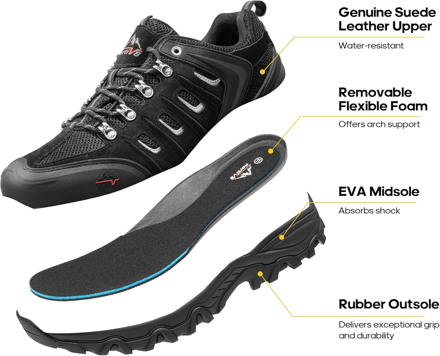 imageNORTIV 8 Mens Waterproof Hiking Shoes Leather LowTop Hiking Shoes for Outdoor Trailing Trekking Camping Walking QuestBlackGrey