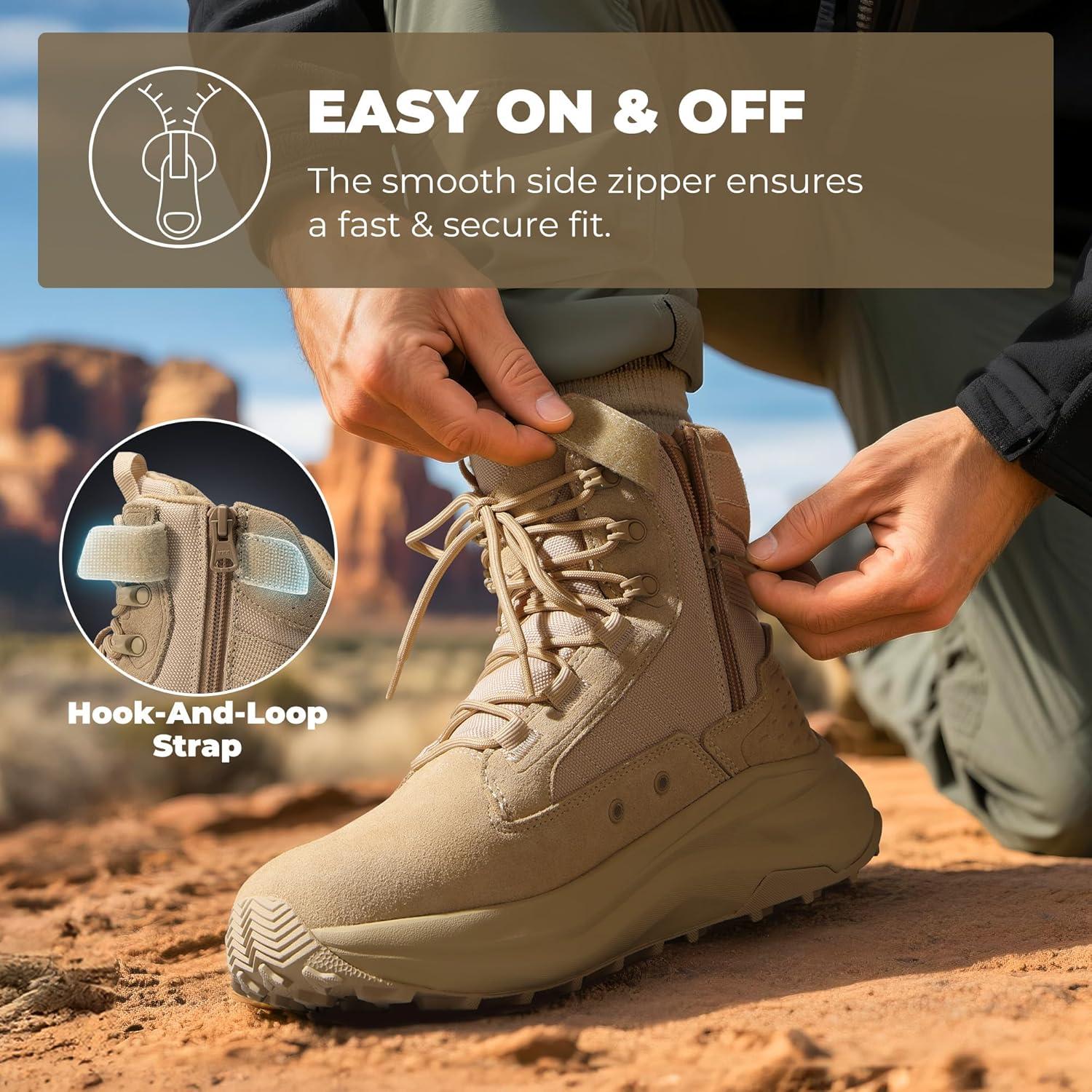 imageNORTIV 8 Mens Wide Toe Box Work Military Tactical Boots Barefoot Hiking Low Drop Leather Side Zipper Motorcycle Combat Boots PikesSand