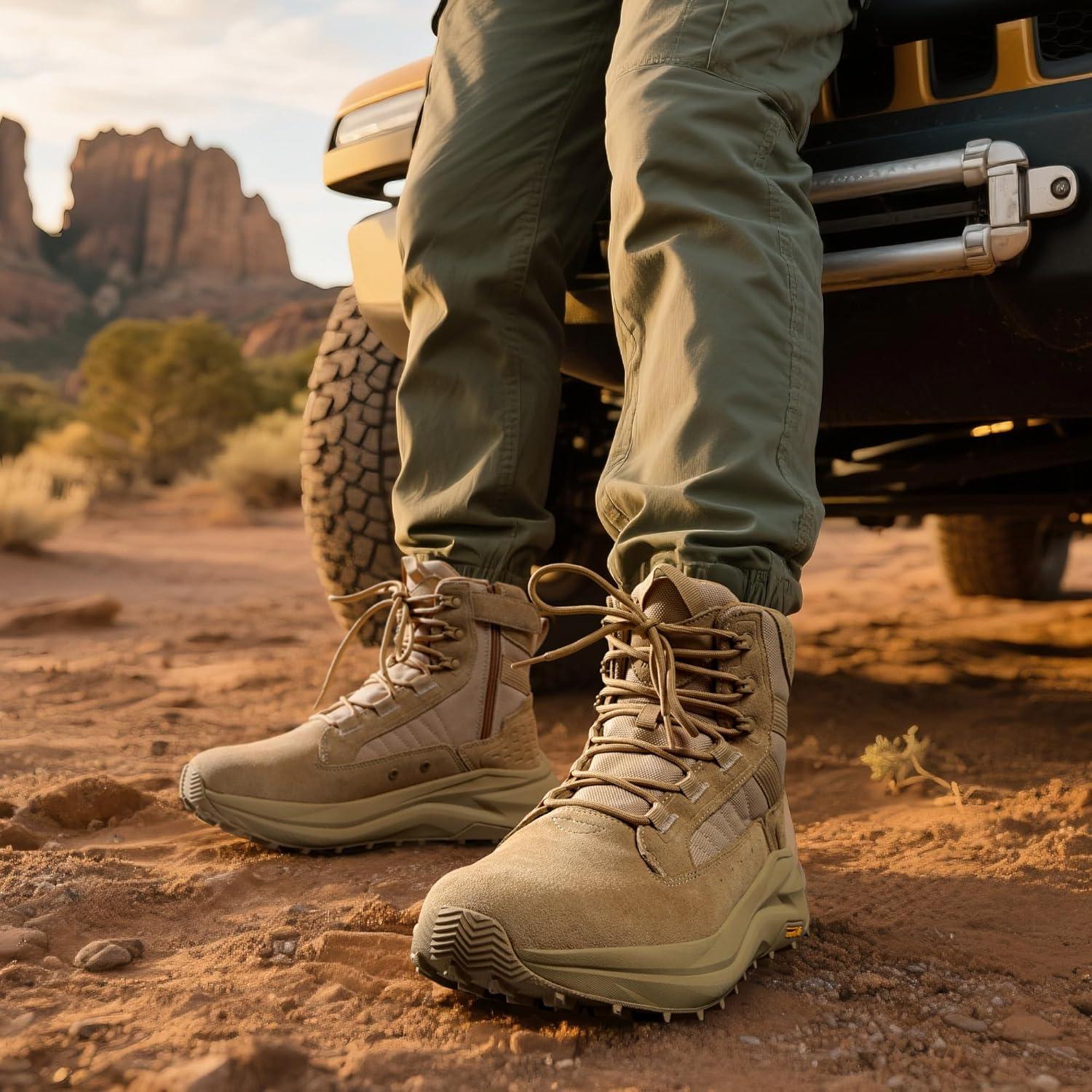 imageNORTIV 8 Mens Wide Toe Box Work Military Tactical Boots Barefoot Hiking Low Drop Leather Side Zipper Motorcycle Combat Boots PikesSand