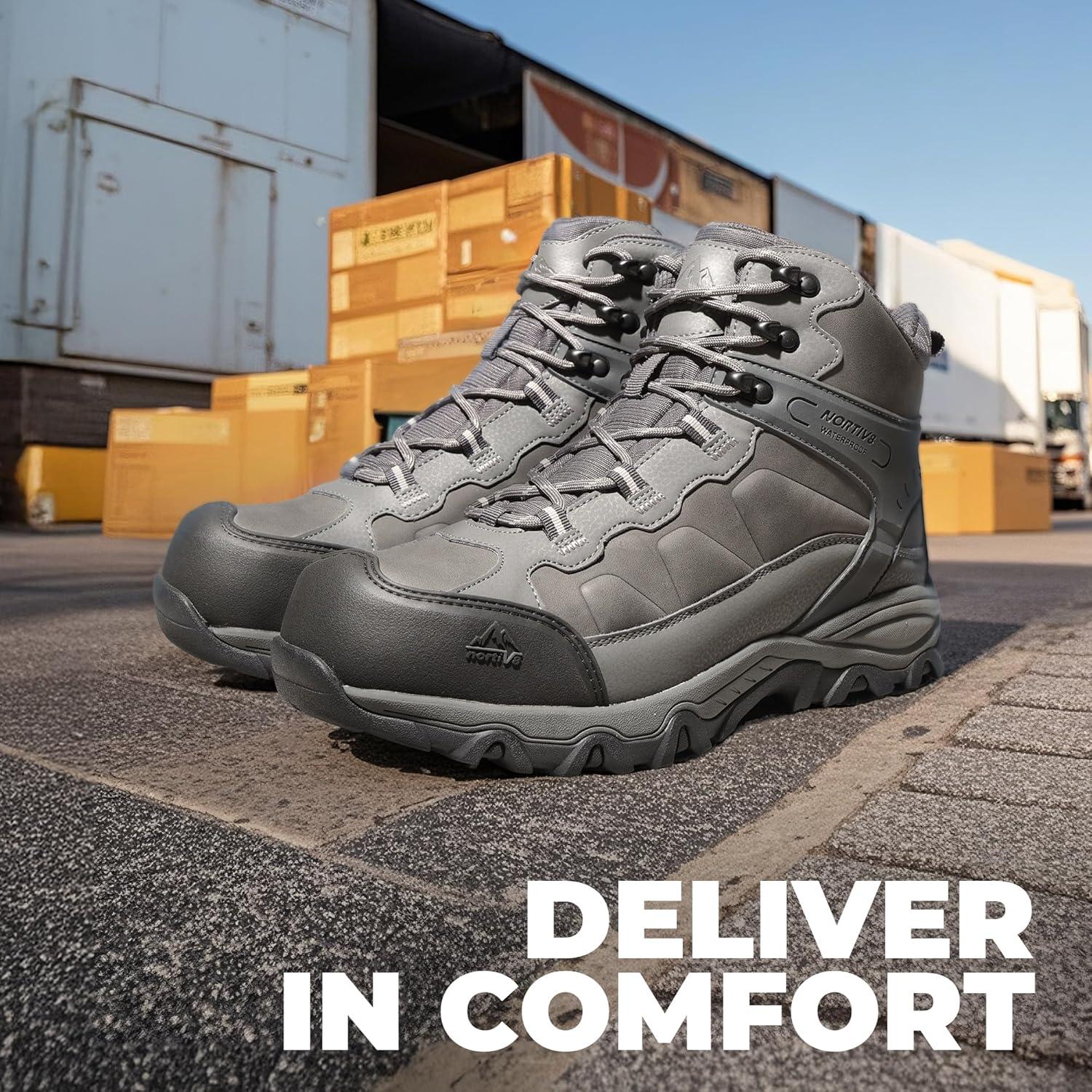 imageNORTIV 8 Waterproof Steel Toe Boots for Men Slip Resistant Safety Industrial Boots PaladinSteelDark Grey