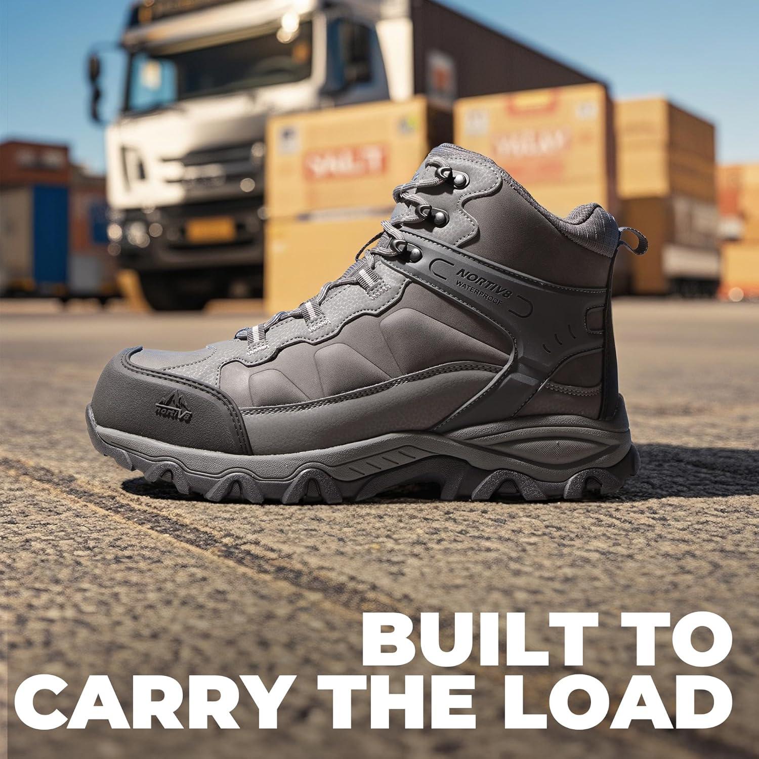 imageNORTIV 8 Waterproof Steel Toe Boots for Men Slip Resistant Safety Industrial Boots PaladinSteelDark Grey