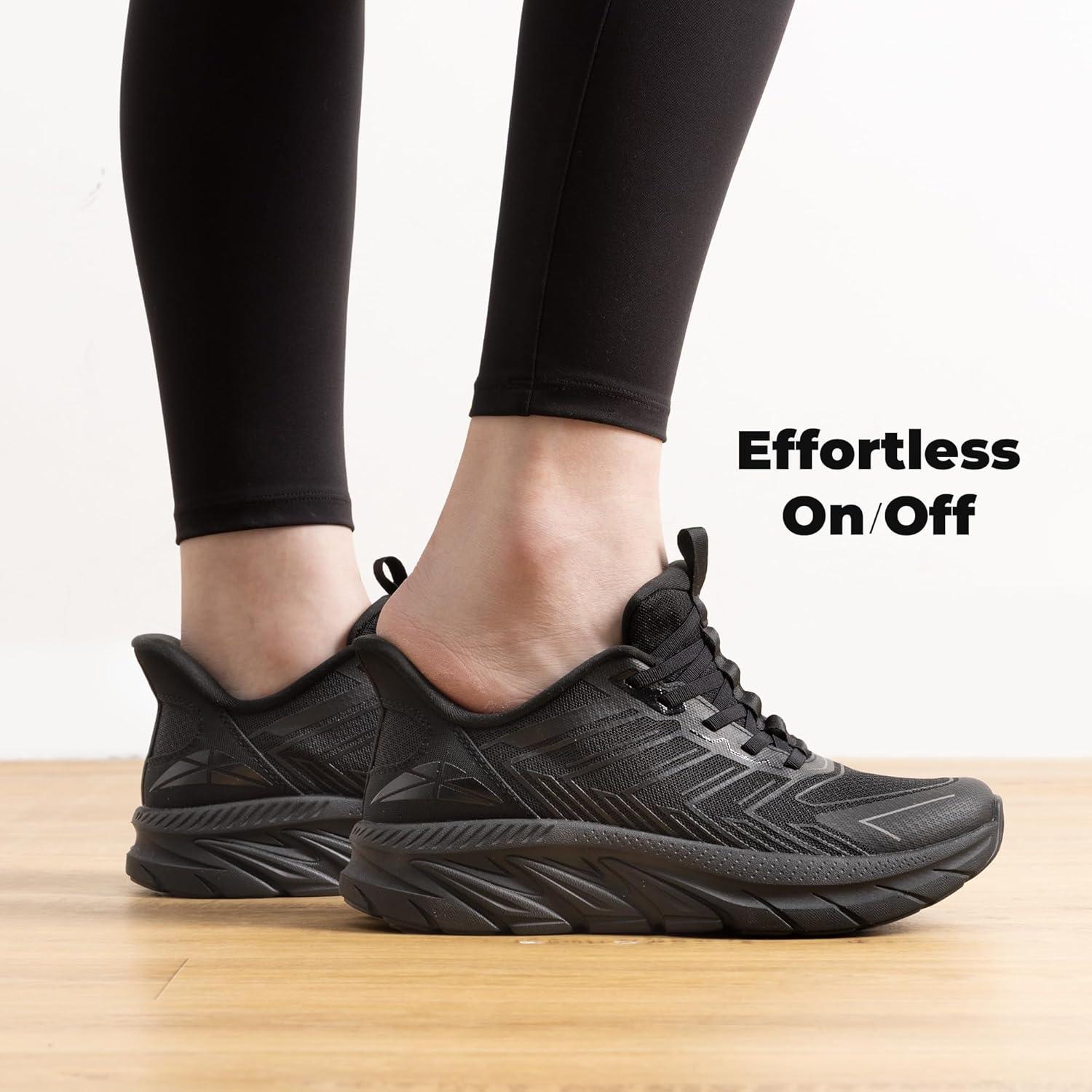 imageWomens Slip On Walking Shoes Running Comfortable Tennis Breathable Non Slip Athletic Gym Workout Cross Training Fashion SneakersAll Black