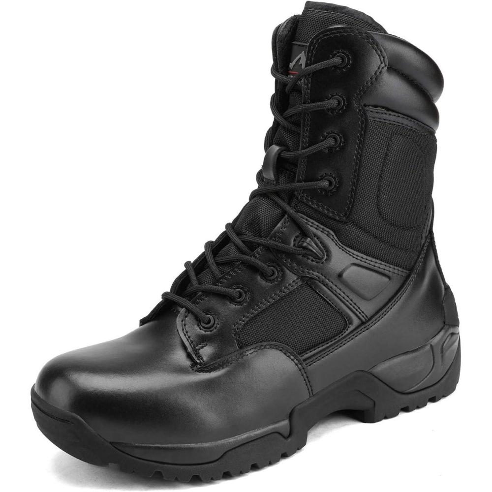 imageNORTIV 8 Mens Military Tactical Work Boots Hiking Side Zip Leather Outdoor Motorcycle Combat Boots ResponseBlack