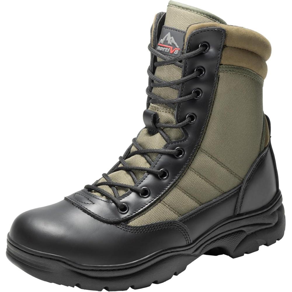 imageNORTIV 8 Mens Military Tactical Work Boots Side Zipper Leather Motorcycle Combat Boots Trooper68 InchesBlackArmy Green