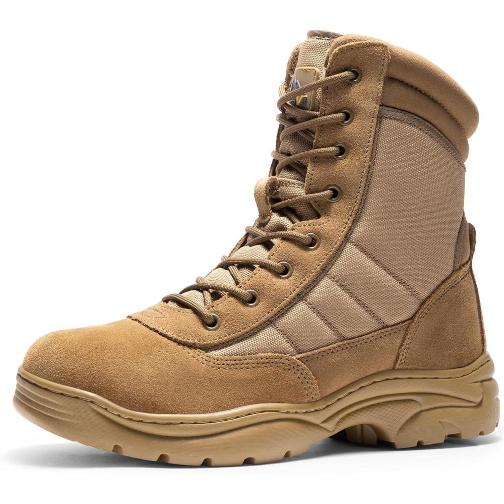 imageNORTIV 8 Mens Military Tactical Work Boots Side Zipper Leather Motorcycle Combat Boots Trooper68 InchesBrown8 Inches