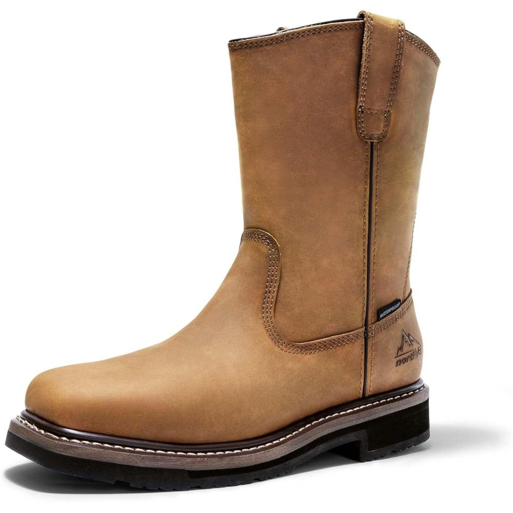 imageNORTIV 8 Steel Toe Work Boots for Men  Waterproof Pull on Wellington Cowboy Boots for Men with Fullgrain Leather for Construction Farming Bronco StormriderCamel